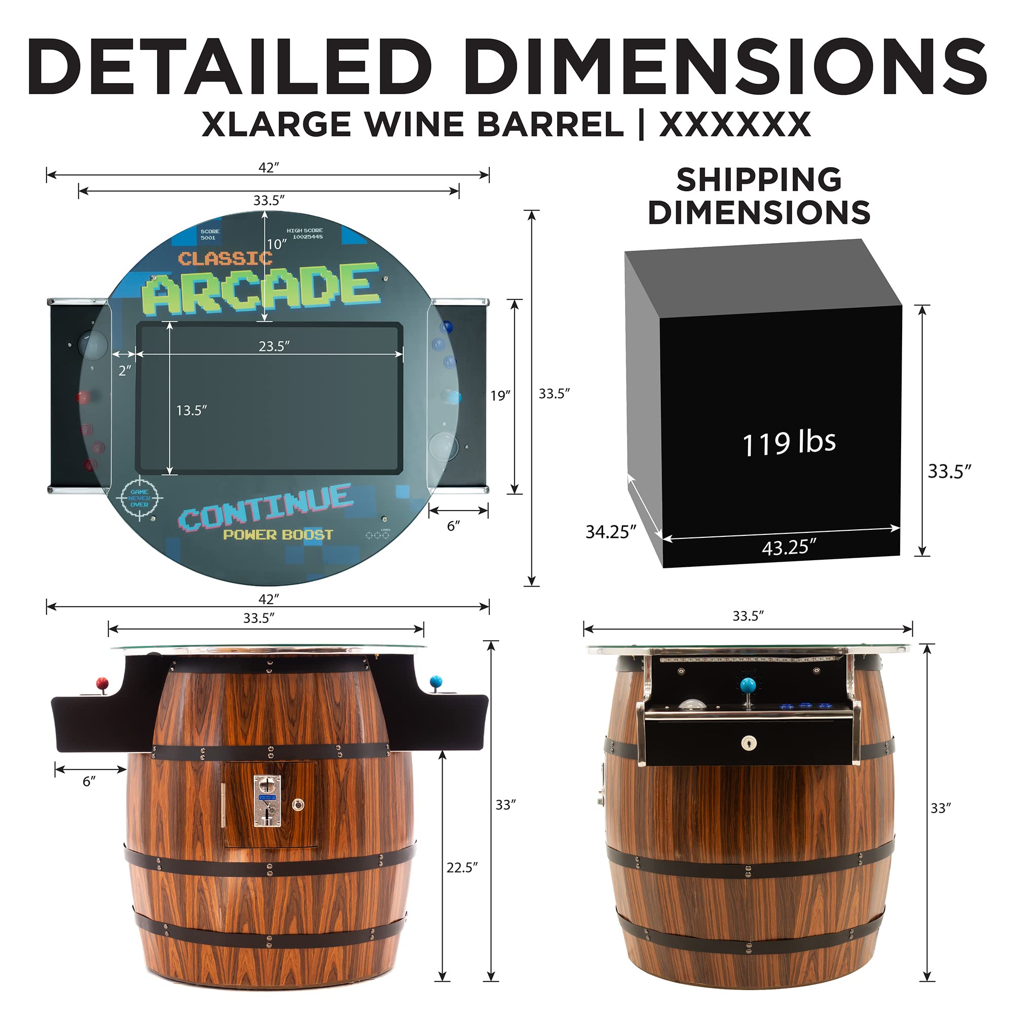 Creative Arcades Commercial Grade 26" XL Wine Barrel Style Pub Arcade Machine | Thick Tempered Glass Top | Classic Games | 2 Sanwa Joysticks | 2 Stools