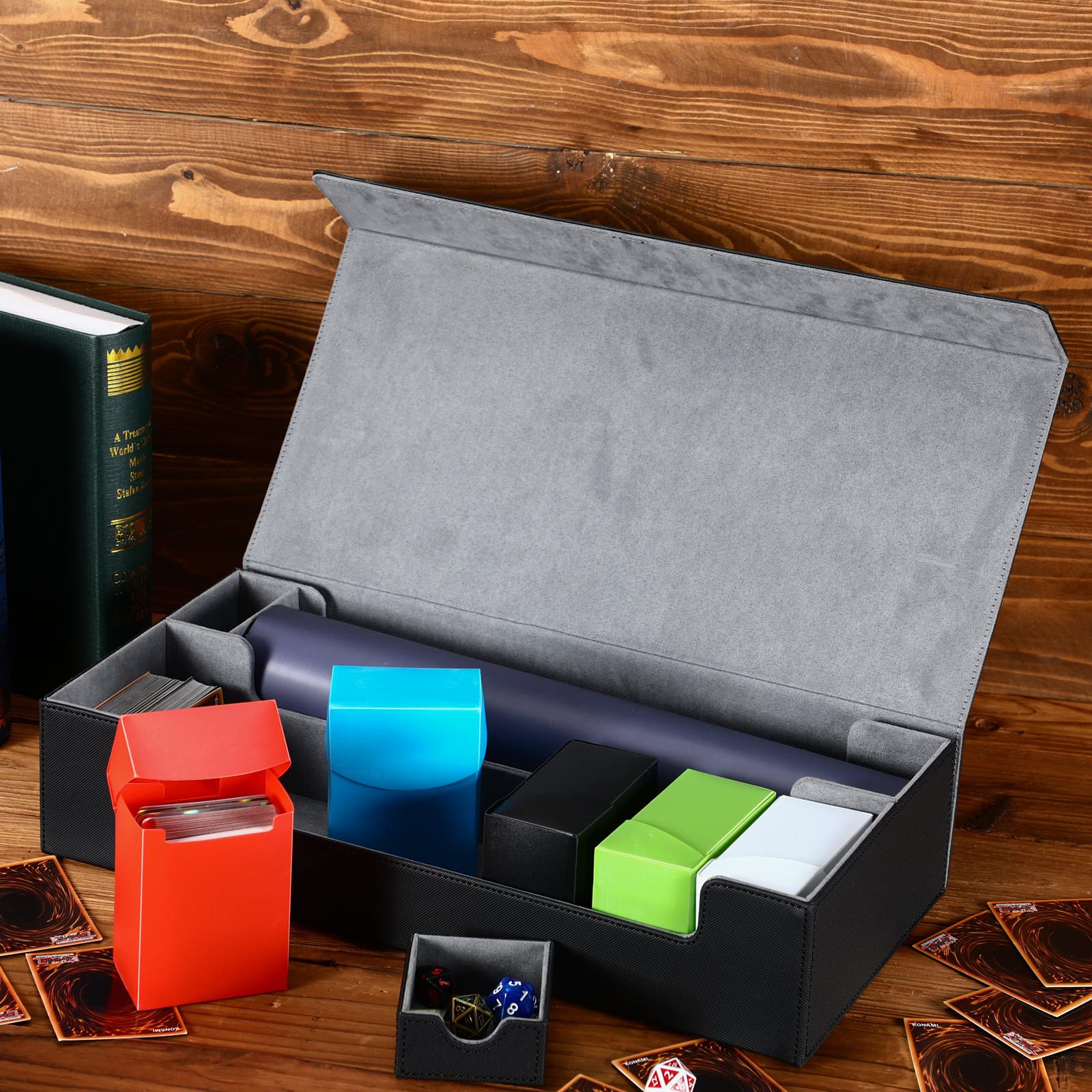 Kigeli Storage Box, Magnetic Card Game Deck Storage Box with 5 Removable Compartments, Fits 5 Decks, Large Capacity, Compatible with MTG TCG Commander Card, Black, Size: 40.5 x 20 x 9 cm