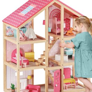 Tiny Land Wooden Dollhouse for Girls - 6 Rooms Wooden Doll House, DIY Pretend Dream House with 30Pcs Furniture Accessories, Gift for Girl Ages 3+