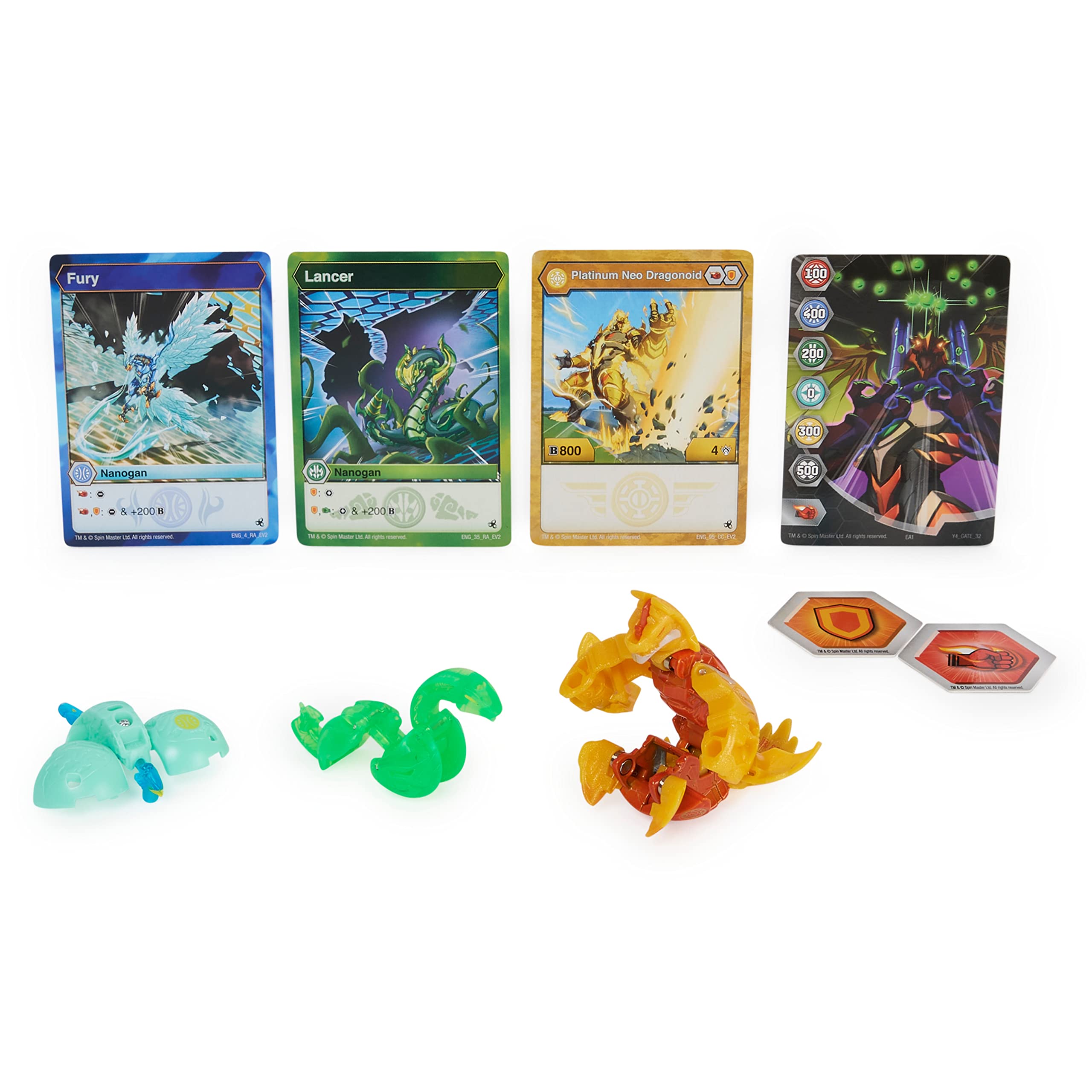 Bakugan Evolutions, Neo Dragonoid with Nano Fury and Lancer Platinum Power Up Pack, True Metal Action Figure, 2 Nanogan, 2 Bakucore, 2 Ability Cards, Kids Toys