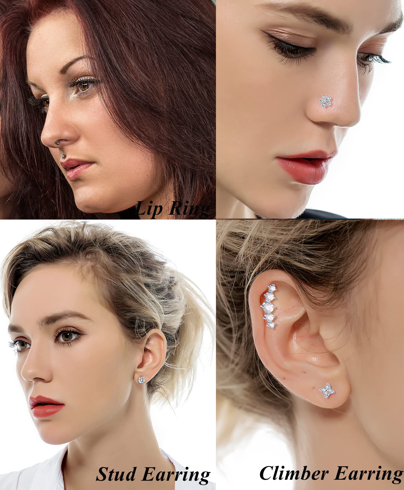 Tornito 18Pcs Cartilage CZ Stud Earrings Conch Forward Helix Tragus Daith Piercing Lip Rings Snake Butterfly Jewelry for Women Men 16G Silver Tone