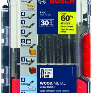 BOSCH 7.2 Amp Barrel-Grip Jig Saw Kit JS572EBK&BOSCH T30C T-Shank Multi-Purpose Jigsaw Blades, 30 Piece, Assorted, Jig Saw Blade Set for Cutting Wood and Metal