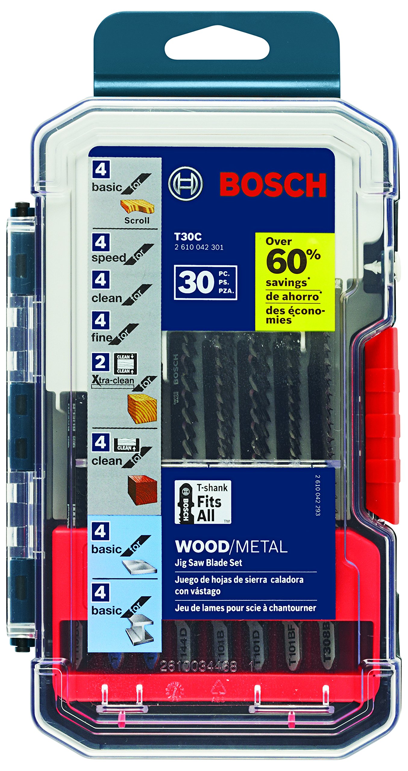 BOSCH 7.2 Amp Barrel-Grip Jig Saw Kit JS572EBK&BOSCH T30C T-Shank Multi-Purpose Jigsaw Blades, 30 Piece, Assorted, Jig Saw Blade Set for Cutting Wood and Metal