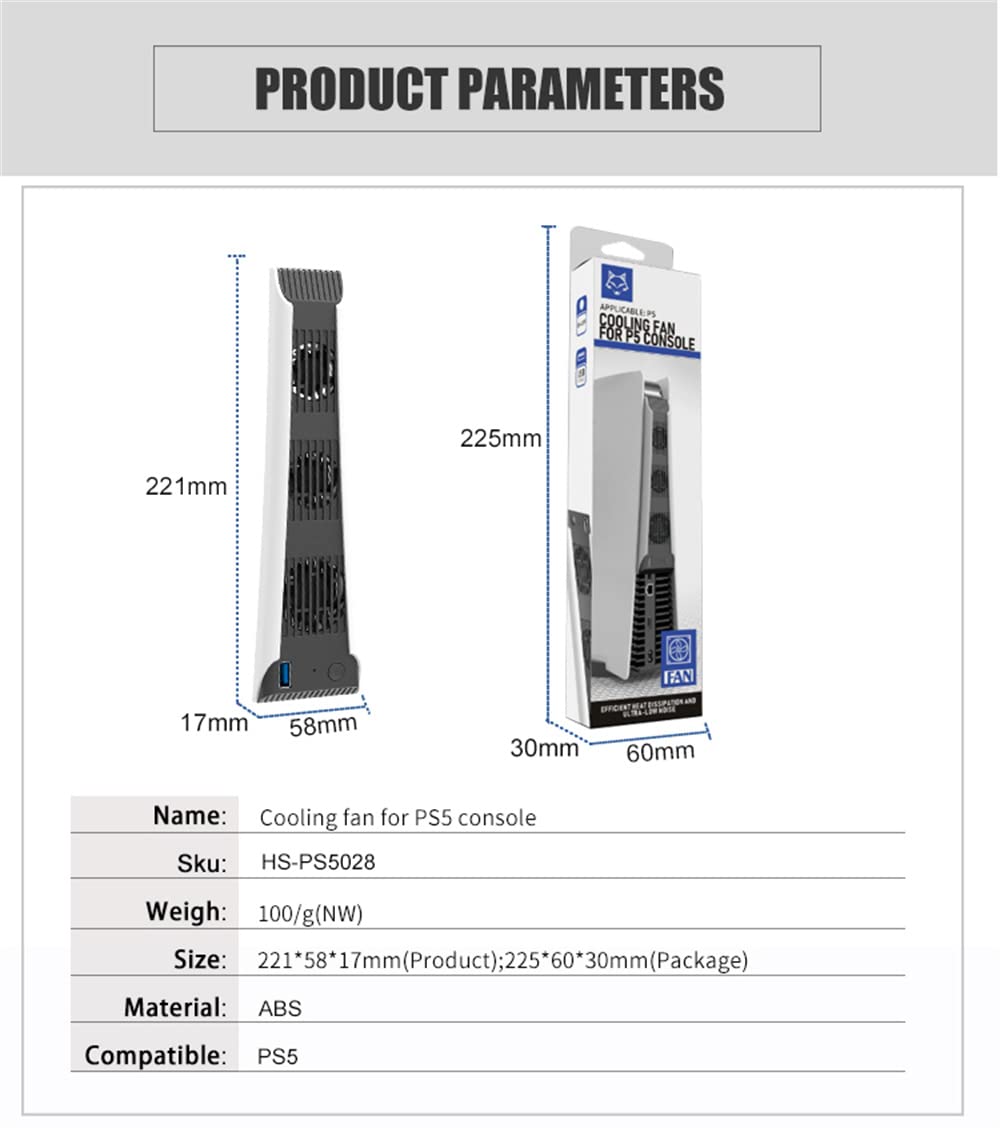 PS5 Cooler for PS5 Cooling Fan, Upgraded Quiet Cooler Fan 3 Cooler External Port USB 3.0 Accessory Compatible with Playstation 5 Digital Edition/Ultra HD Console White