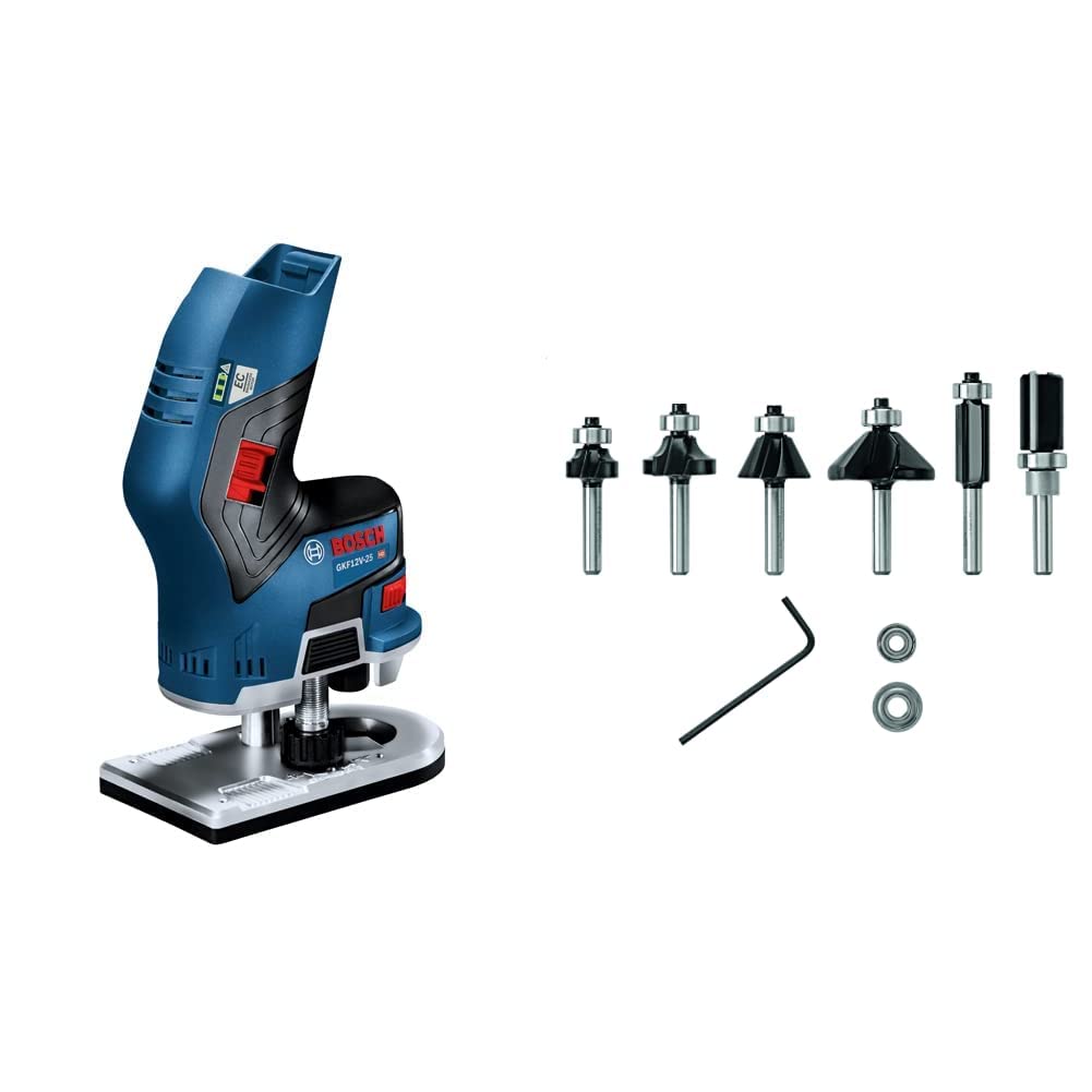 Bosch 12V Max EC Brushless Palm Edge Router (Bare Tool) GKF12V-25N & BOSCH 6 pc. Carbide-Tipped Trim and Edging Router Bit Set