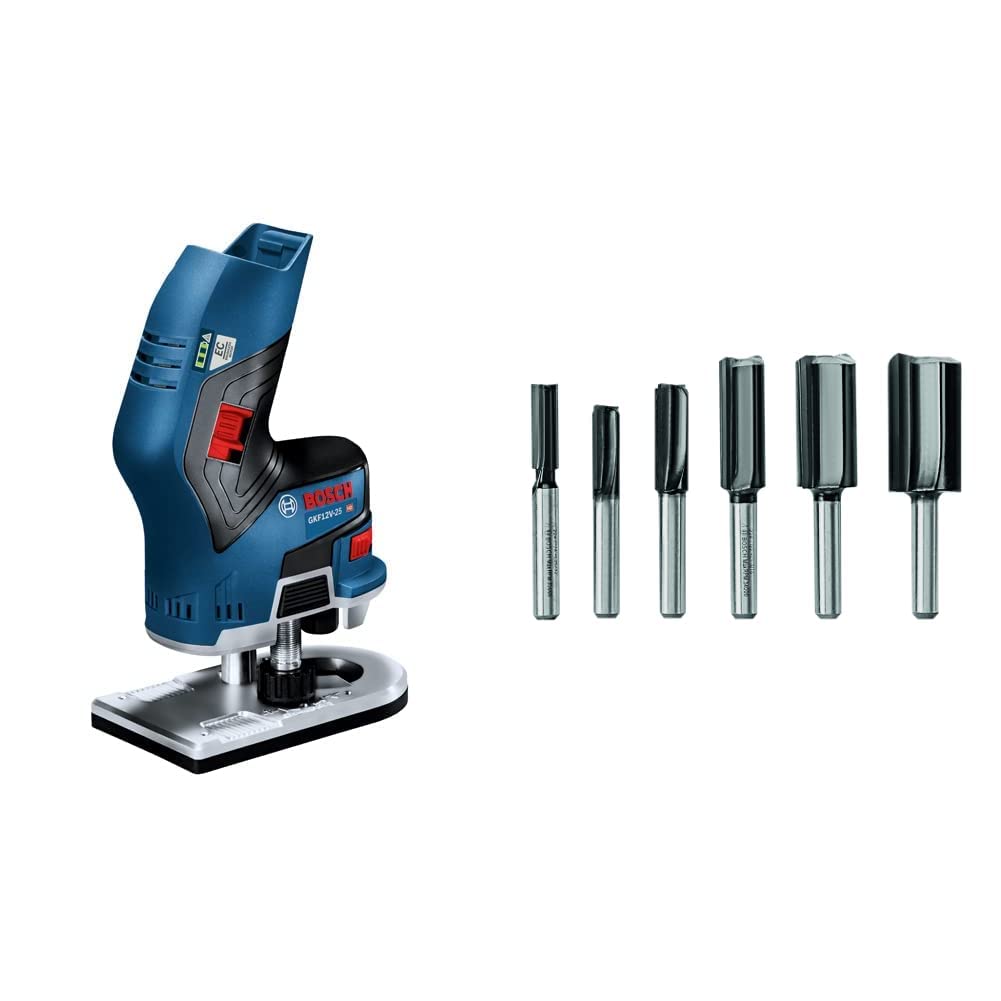 Bosch 12V Max EC Brushless Palm Edge Router (Bare Tool) GKF12V-25N & BOSCH 6 pc. Carbide-Tipped Groove Cutter Router Bit Set