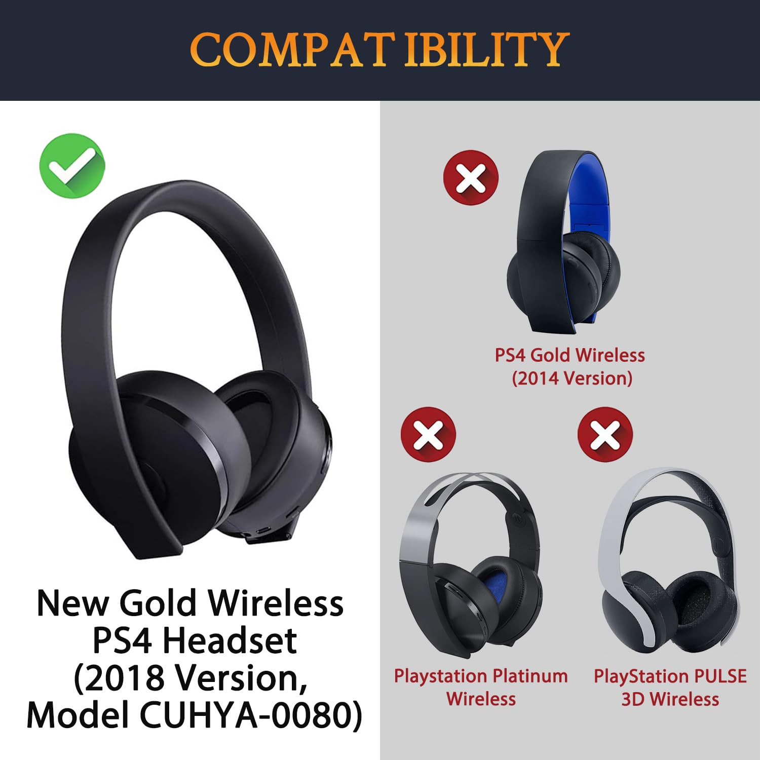 SOULWIT Replacement Earpads for Sony New Gold Wireless PlayStation PS4 (2018 Version) Headset, Ear Pads Cushions with High-Density Foam (CUHYA-0080 CG Black)