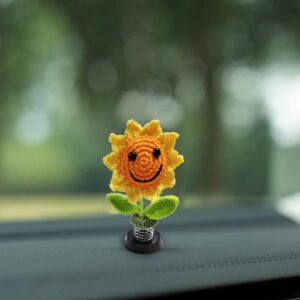 Shaking Sunflower Car Accessories Dashboard Decorations, Smiley Handmade Knitted for Car Interior Home Office Desk Decoration