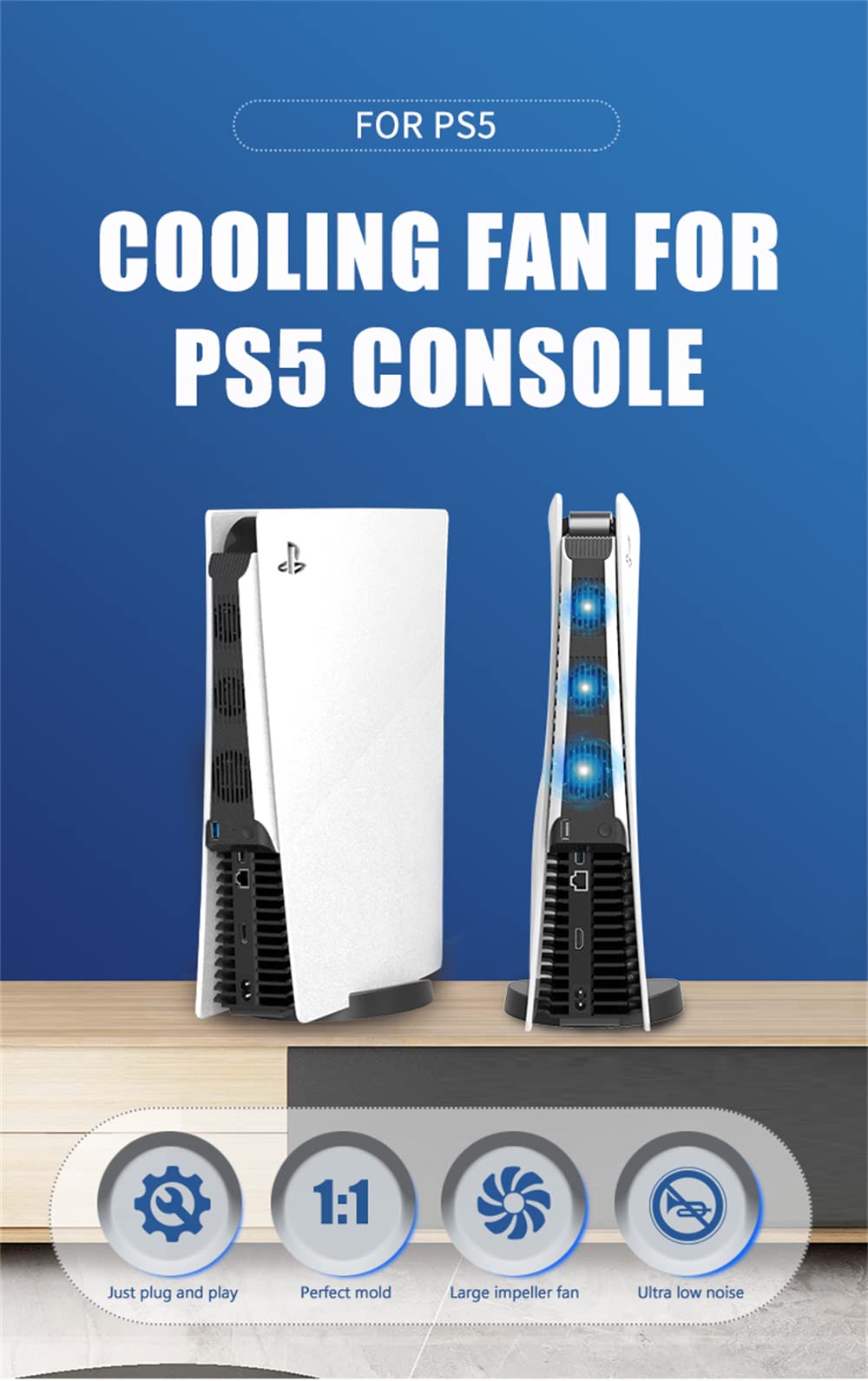 PS5 Cooler for PS5 Cooling Fan, Upgraded Quiet Cooler Fan 3 Cooler External Port USB 3.0 Accessory Compatible with Playstation 5 Digital Edition/Ultra HD Console White