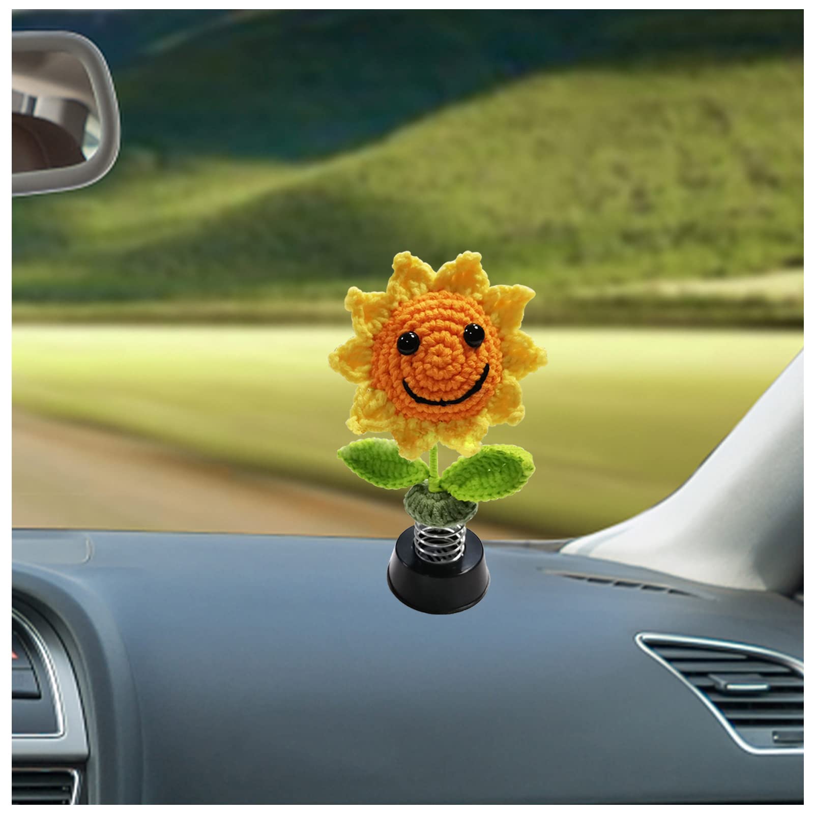 Shaking Sunflower Car Accessories Dashboard Decorations, Smiley Handmade Knitted for Car Interior Home Office Desk Decoration