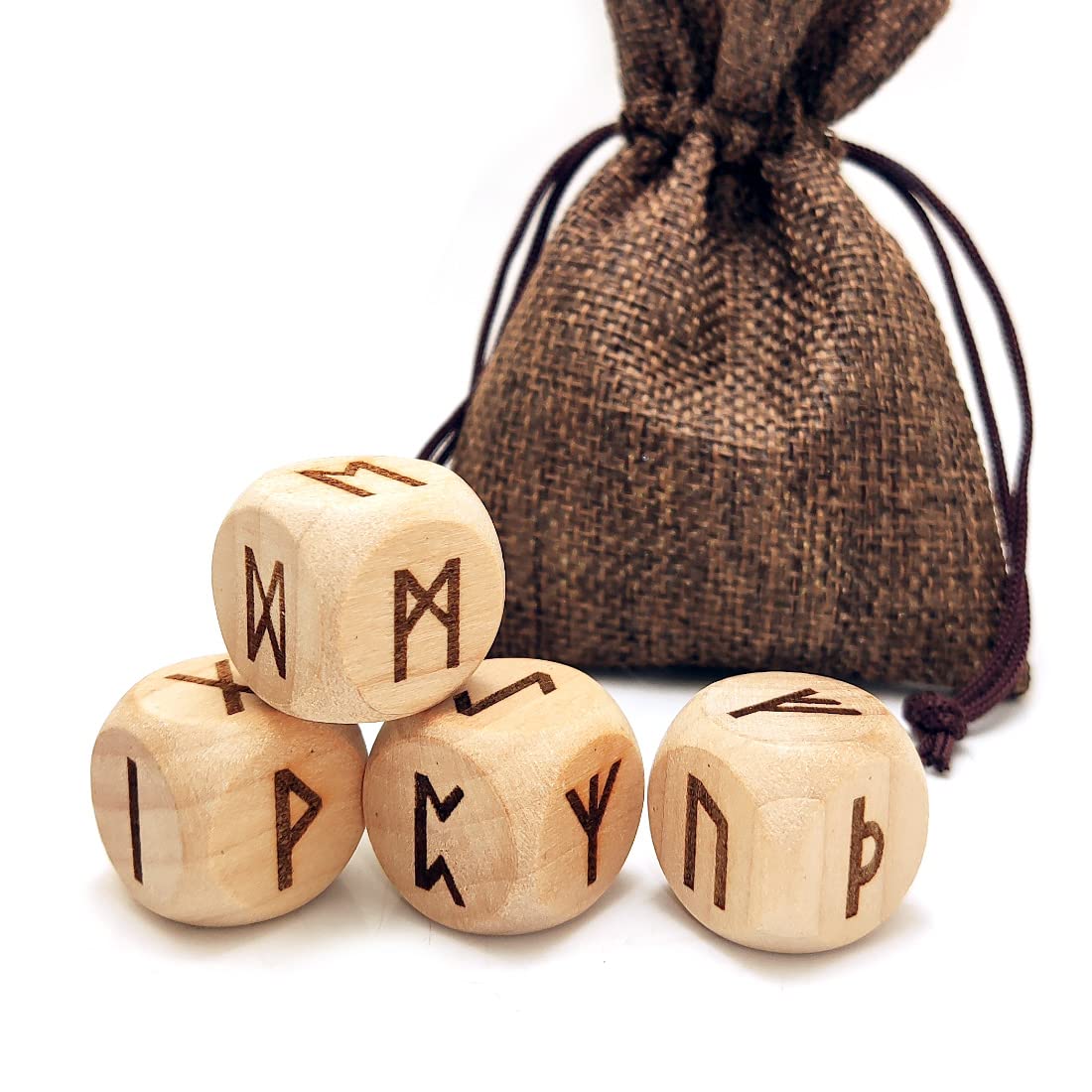 Hometu 4 Pcs/Set Wooden Rune Dice Set , 24 Carved Elder Furthark Alphabet Viking Rune Wood Dices for Divination Game, Yellow