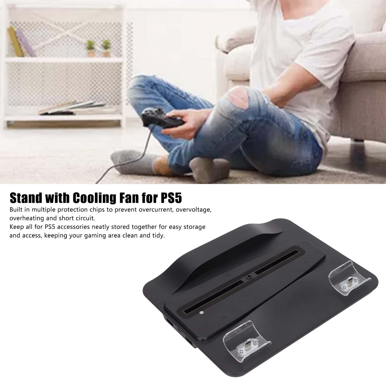 PS5 Cooling Stand, with 3 Silent Cooling Fan, 4 Different Speeds, 2 USB Hub, Built in Multiple Protection Chips, Dual Controllers Charger, PS5 Stand Horizontal