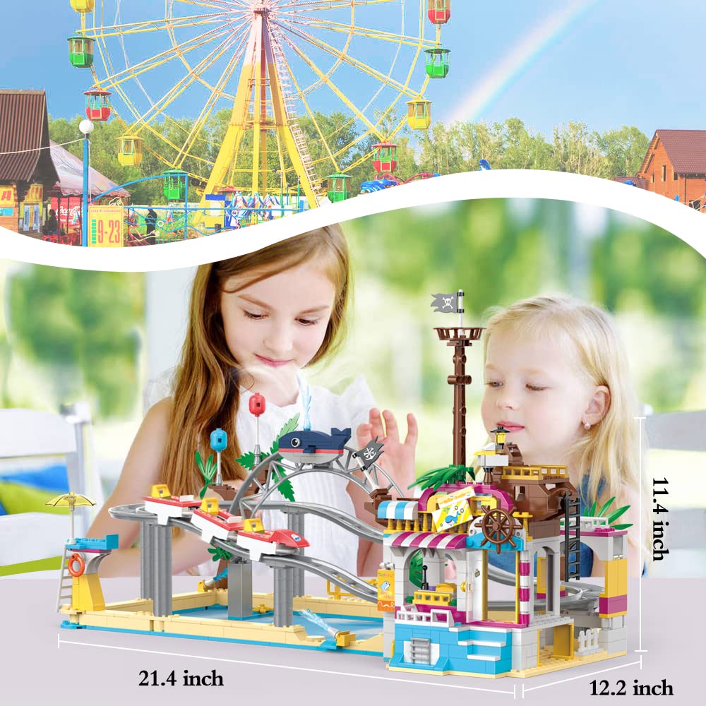 Finebely Friends Roller Coaster Amusement Park Building Set, Fairground Theme Park Building Kit with Rollercoaster & Pirate Ship, Water Park Carnival Building Toys Gift for Girls Kids 8-12, 648 PCS