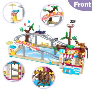 Finebely Friends Roller Coaster Amusement Park Building Set, Fairground Theme Park Building Kit with Rollercoaster & Pirate Ship, Water Park Carnival Building Toys Gift for Girls Kids 8-12, 648 PCS