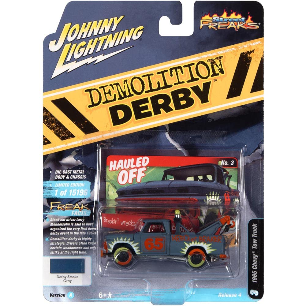 Johnny Lightning 1965 Chevrolet Tow Truck #65 Derby Smoke Gray with Graphics Demolition Derby Street Freaks Series Limited Edition to 15196 pieces Worldwide 1/64 Diecast Model Car