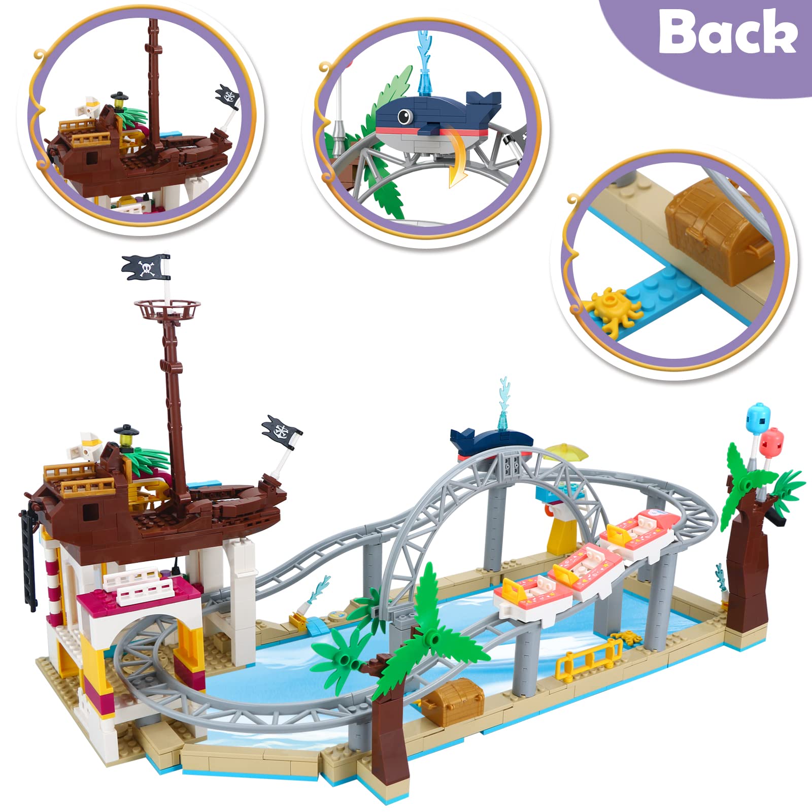 Finebely Friends Roller Coaster Amusement Park Building Set, Fairground Theme Park Building Kit with Rollercoaster & Pirate Ship, Water Park Carnival Building Toys Gift for Girls Kids 8-12, 648 PCS