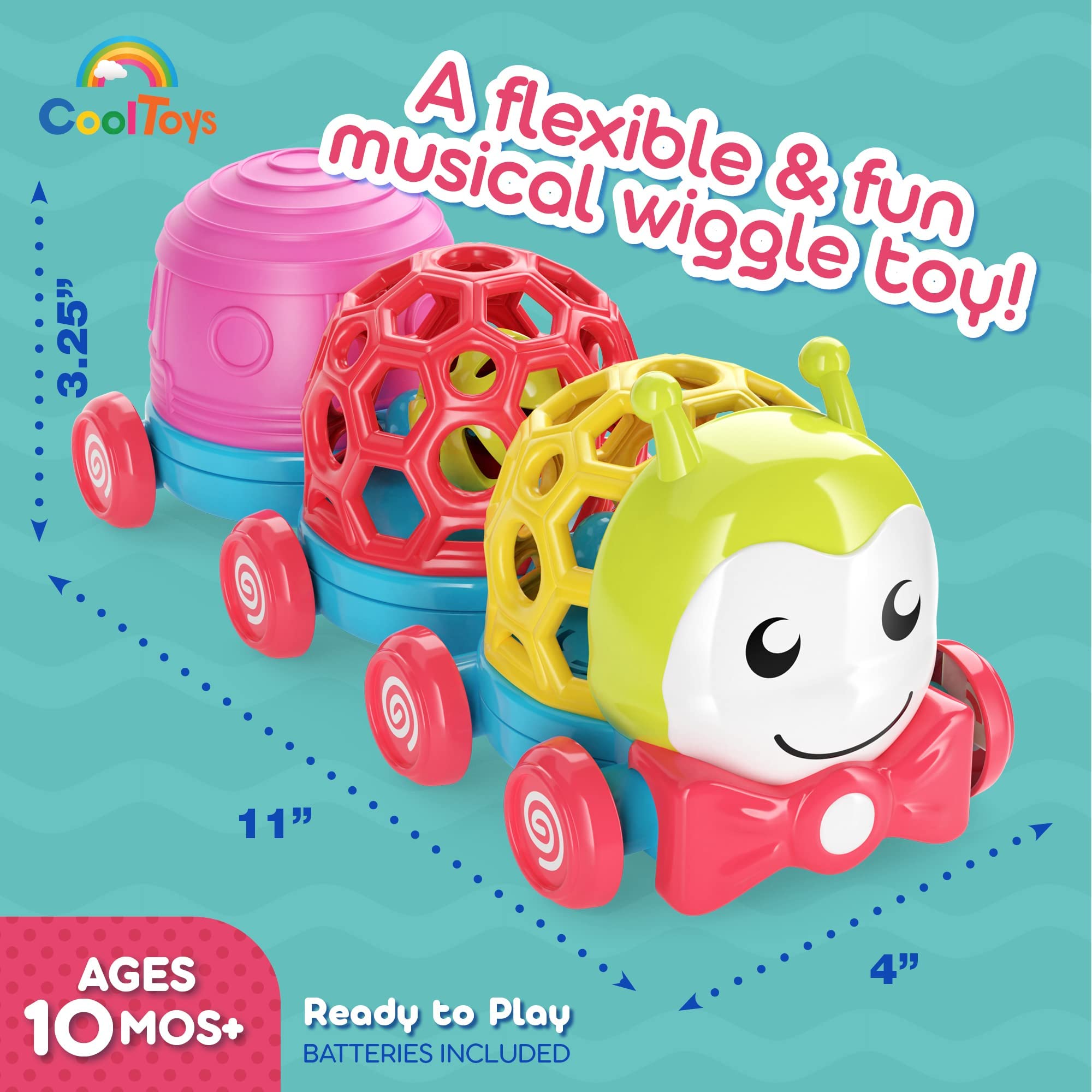 CoolToys Caterpillar Musical Baby Toy - 3 in 1 Developmental Infants & Toddlers Sensory Toy; 3 Linkable Easy Grasp Soft Cars, Rattles, Plays Fun Sounds, Ideal Birthday Gift for 1 Year Old Boys & Girls