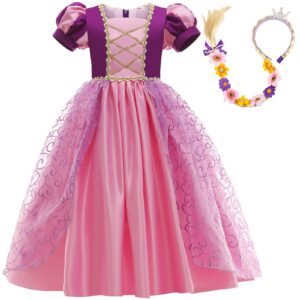 jourpeo girls dress puff sleeve princess costume dress up fancy halloween christmas cosplay party costume (first purple, 3-4 years)