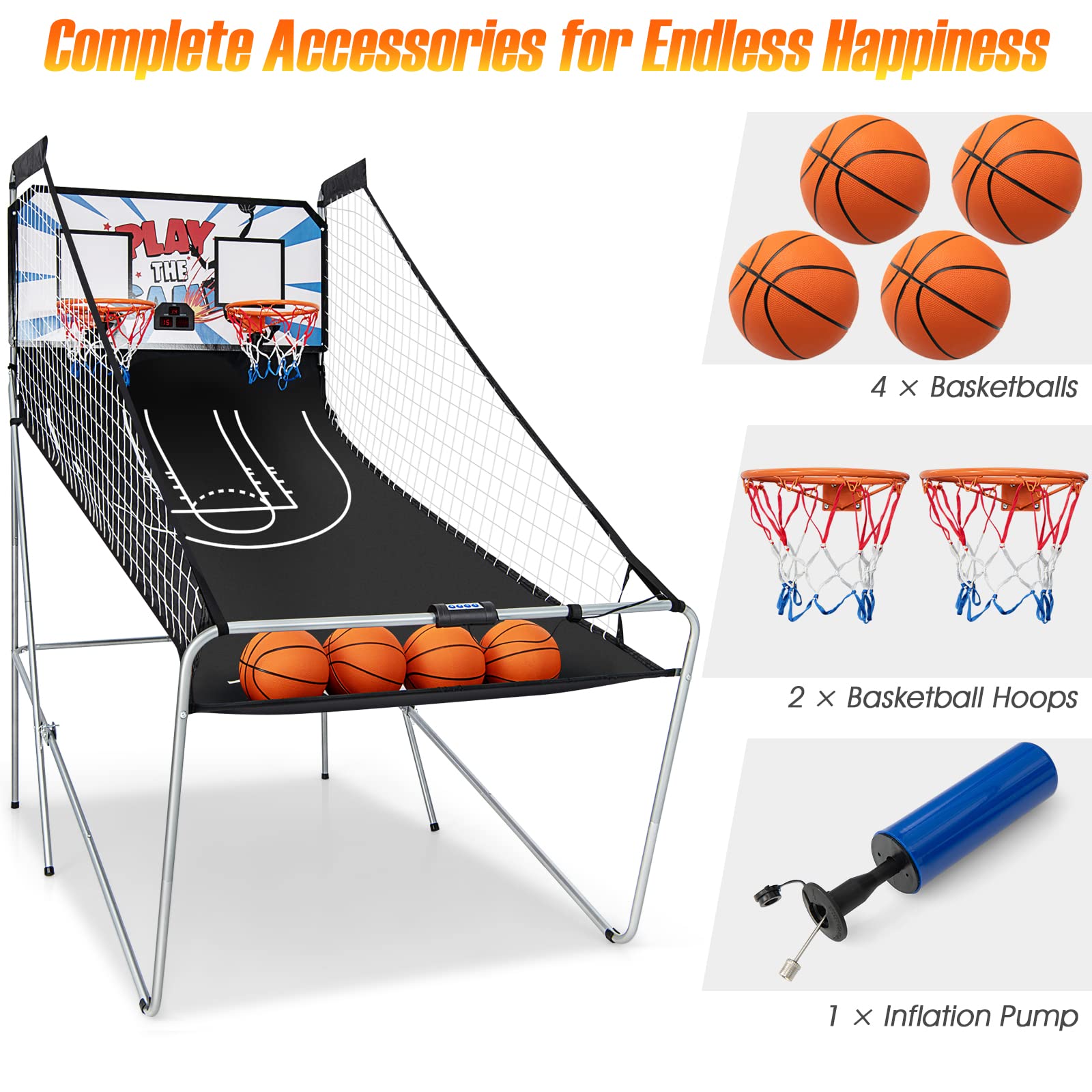 Goplus Foldable Dual Shot Basketball Arcade Game, Basketball Hoop Game w/Electronic Scoring, 8 Game Modes, 4 Balls, Indoor Outdoor Electronic Basketball Game Machine for Kids Adults (White+Blue)