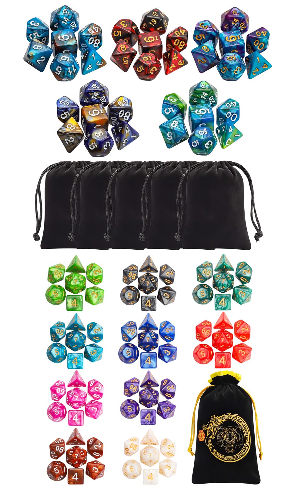 CiaraQ Polyhedral Dice Set with Black Pouches, Compatible with Dungeons and Dragons DND RPG MTG Table Games（105pcs）