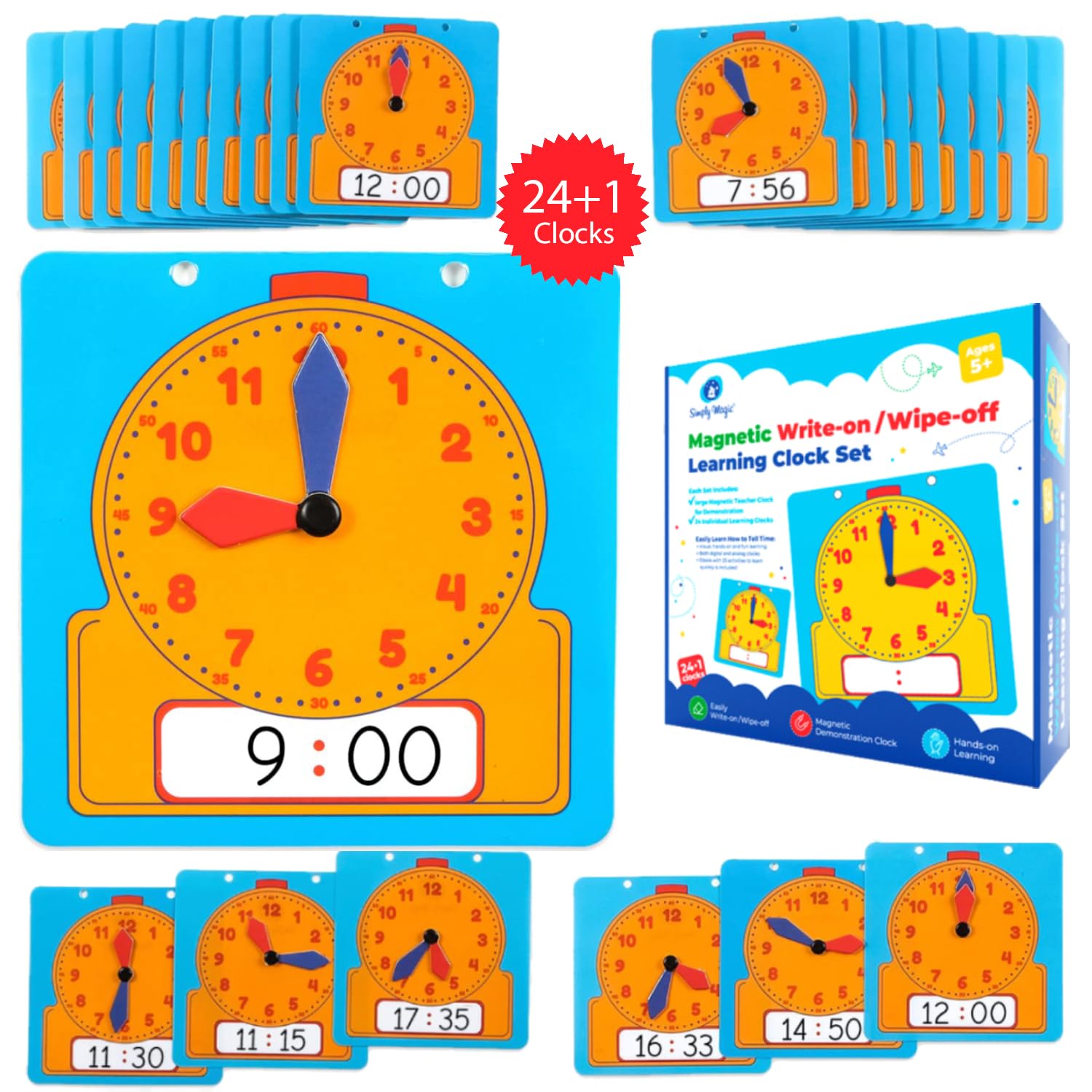 Simply magic 24+1 Learning Clock for Kids - Classroom Clock Set, Magnetic Demonstration Clock, Teaching Clock, Learning Clocks for Kids to Tell Time, Interactive Clock for Kids, Clock Manipulatives