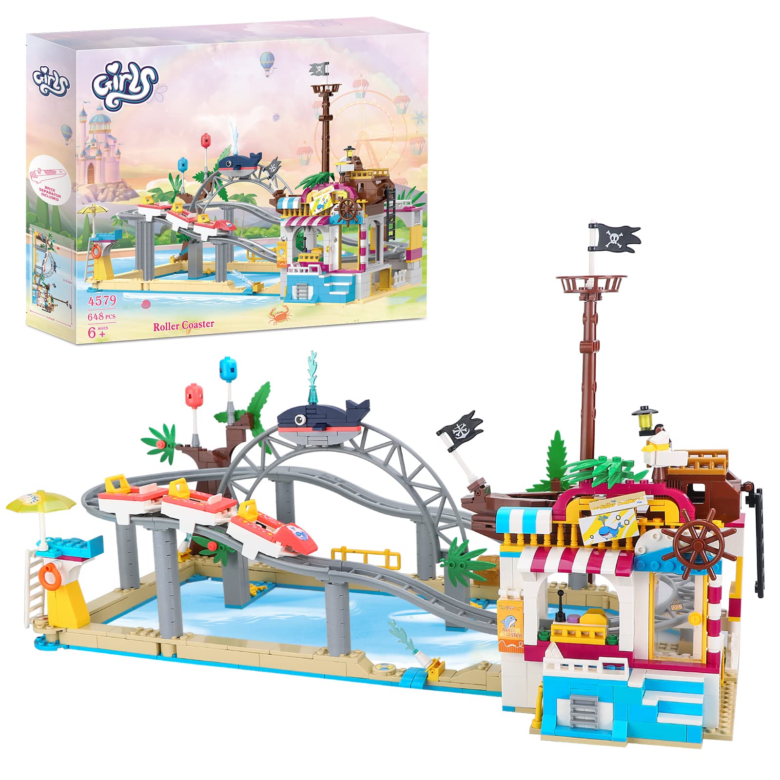 Finebely Friends Roller Coaster Amusement Park Building Set, Fairground Theme Park Building Kit with Rollercoaster & Pirate Ship, Water Park Carnival Building Toys Gift for Girls Kids 8-12, 648 PCS