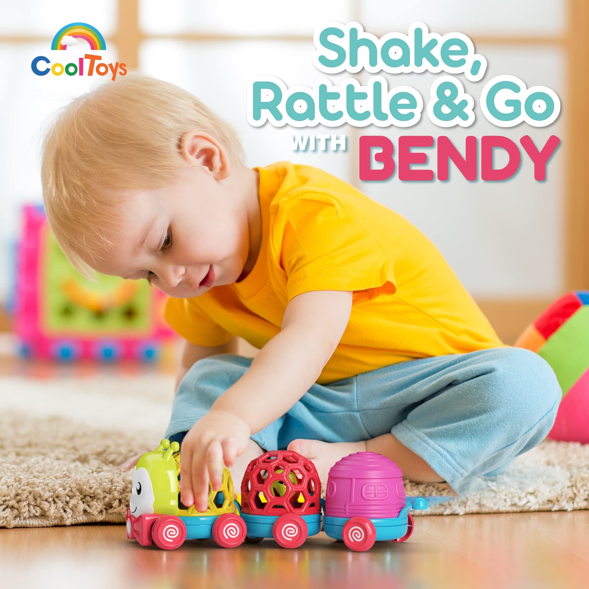 CoolToys Caterpillar Musical Baby Toy - 3 in 1 Developmental Infants & Toddlers Sensory Toy; 3 Linkable Easy Grasp Soft Cars, Rattles, Plays Fun Sounds, Ideal Birthday Gift for 1 Year Old Boys & Girls