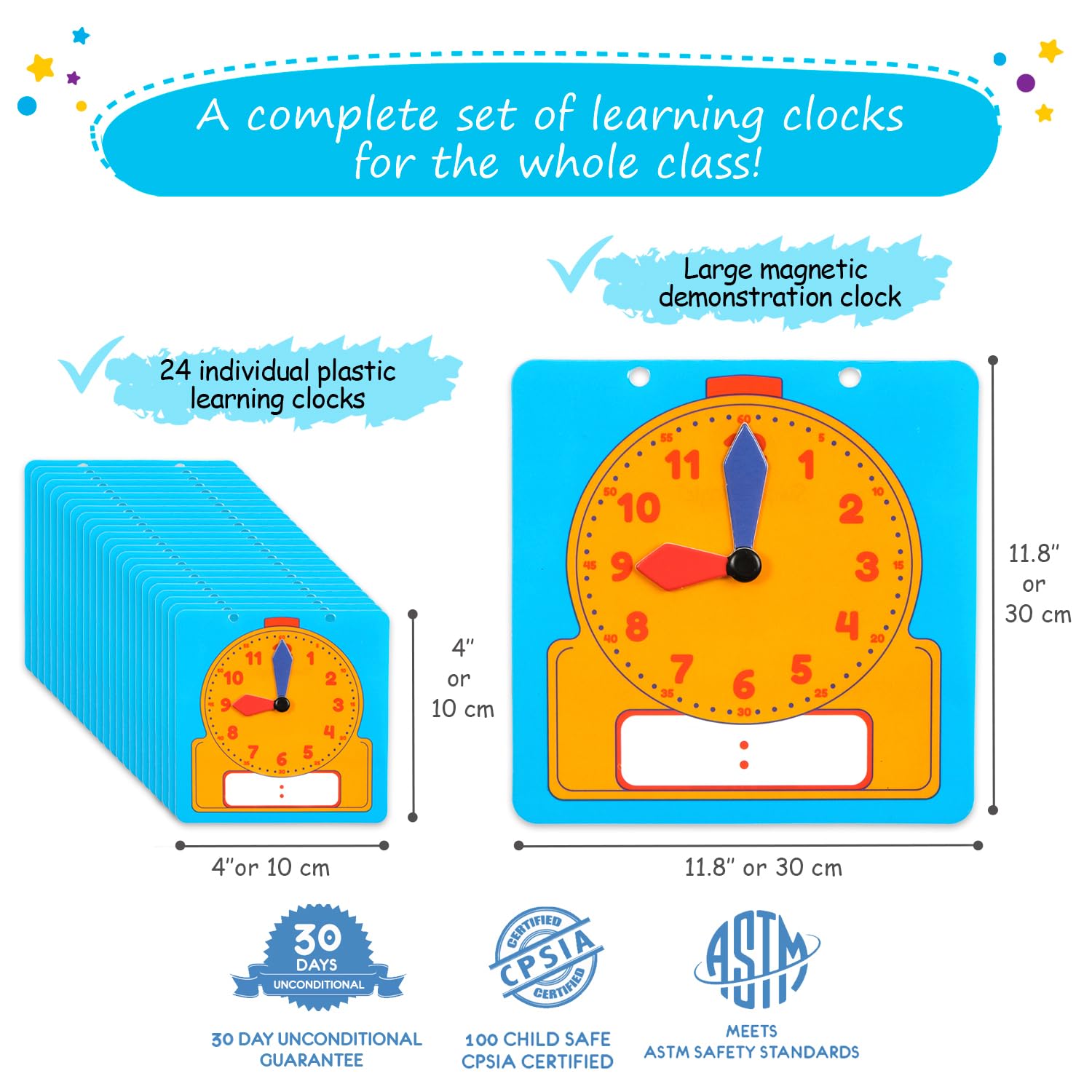 Simply magic 24+1 Learning Clock for Kids - Classroom Clock Set, Magnetic Demonstration Clock, Teaching Clock, Learning Clocks for Kids to Tell Time, Interactive Clock for Kids, Clock Manipulatives