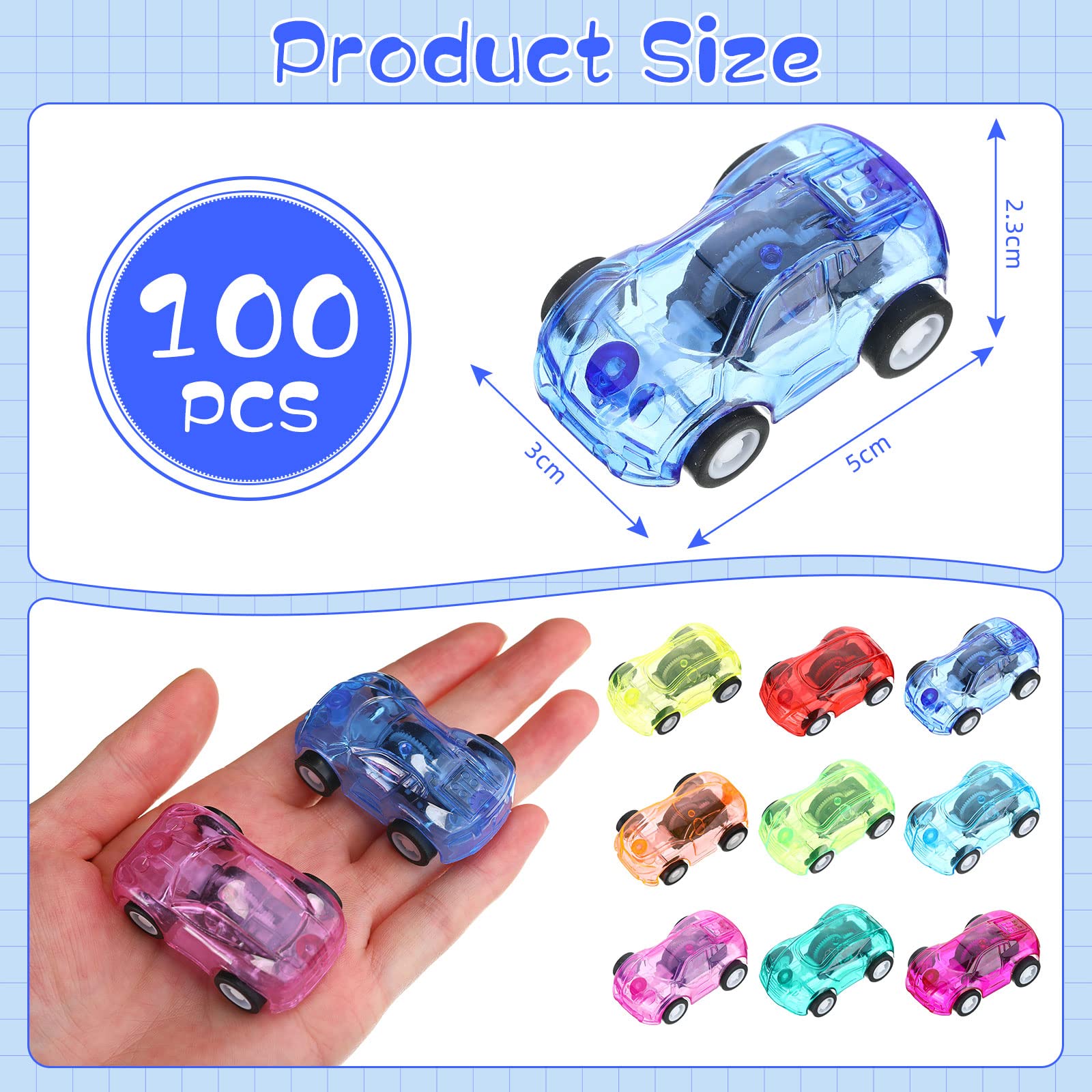 100 Pcs Mini Pull Back Cars Bulk Plastic Racing Vehicles Pull Back Car Friction Powered Small Racing Cars Playsets for Kids Birthday Christmas Classroom Prizes Goodie Bags Fillers Classroom Prizes