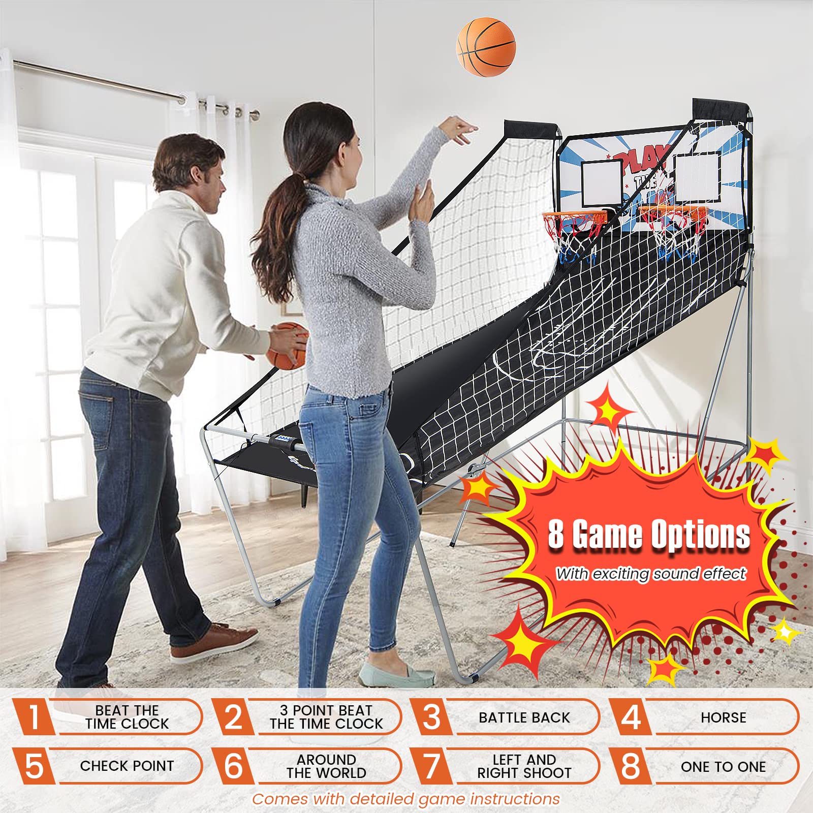 Goplus Foldable Dual Shot Basketball Arcade Game, Basketball Hoop Game w/Electronic Scoring, 8 Game Modes, 4 Balls, Indoor Outdoor Electronic Basketball Game Machine for Kids Adults (White+Blue)