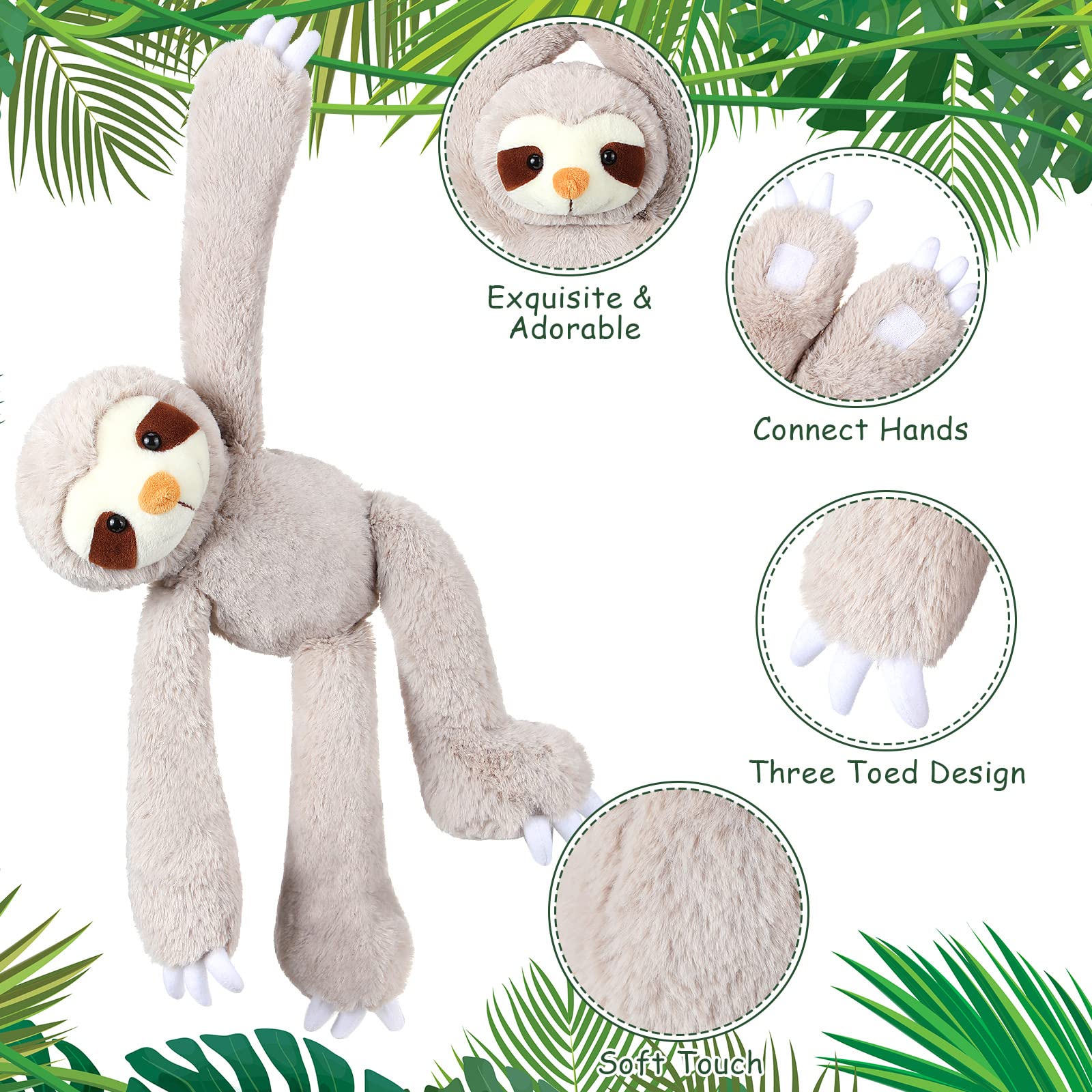 Hanging Sloth Stuffed Animals 18 Inch Three Toed Sloth Plush Toy with Hook and Loop Hands Hanging Sloth Toy for Boys Girls Bedroom Animal Themed Birthday Party Favors Decoration (4 Pcs)