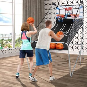 Goplus Foldable Dual Shot Basketball Arcade Game, Basketball Hoop Game w/Electronic Scoring, 8 Game Modes, 4 Balls, Indoor Outdoor Electronic Basketball Game Machine for Kids Adults (White+Blue)