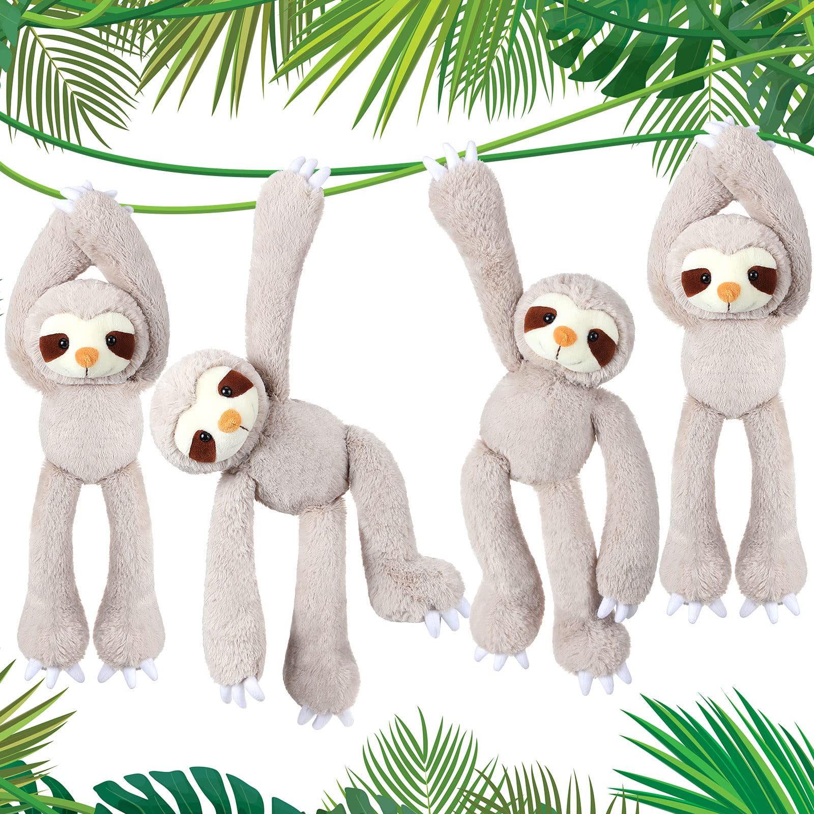 Hanging Sloth Stuffed Animals 18 Inch Three Toed Sloth Plush Toy with Hook and Loop Hands Hanging Sloth Toy for Boys Girls Bedroom Animal Themed Birthday Party Favors Decoration (4 Pcs)