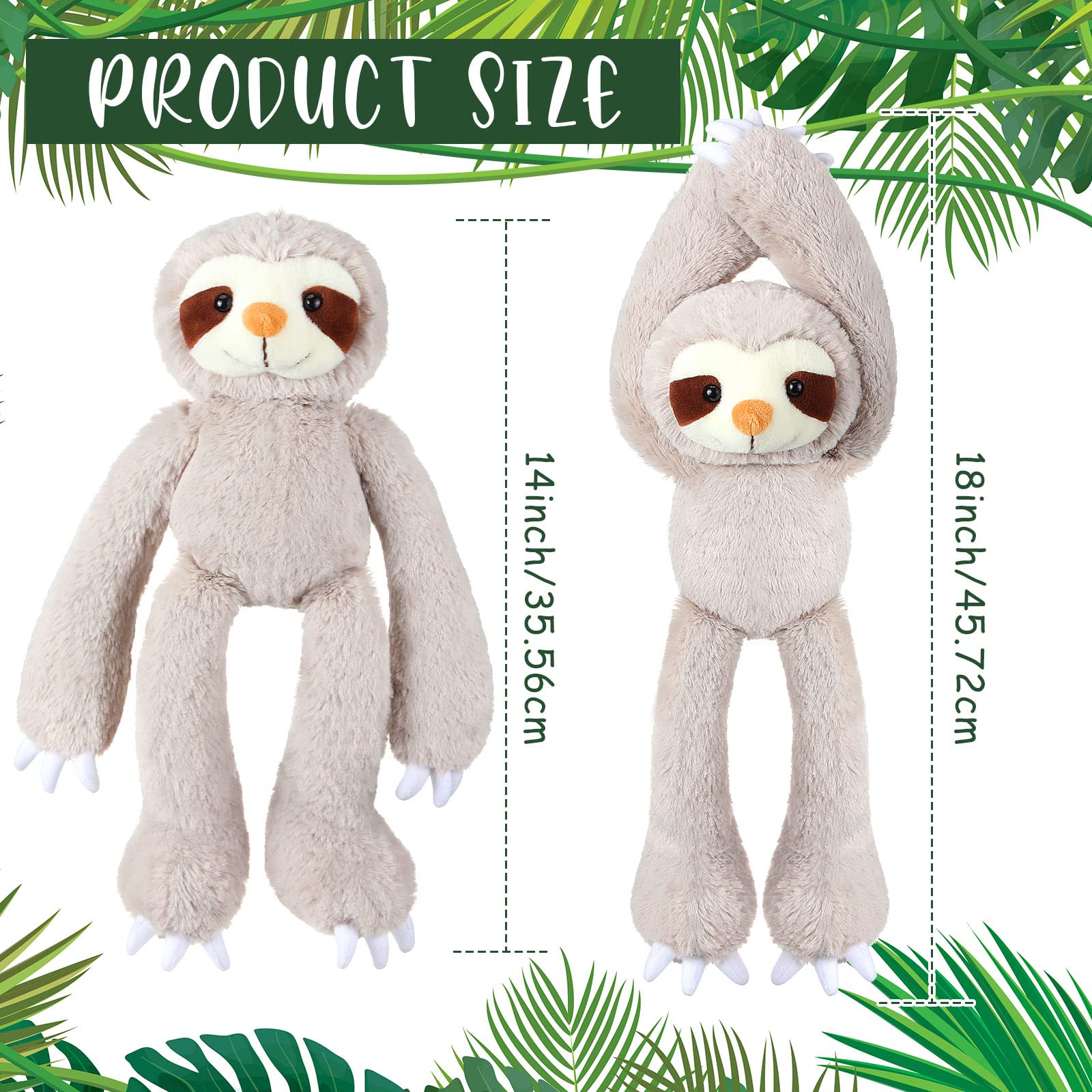 Hanging Sloth Stuffed Animals 18 Inch Three Toed Sloth Plush Toy with Hook and Loop Hands Hanging Sloth Toy for Boys Girls Bedroom Animal Themed Birthday Party Favors Decoration (4 Pcs)