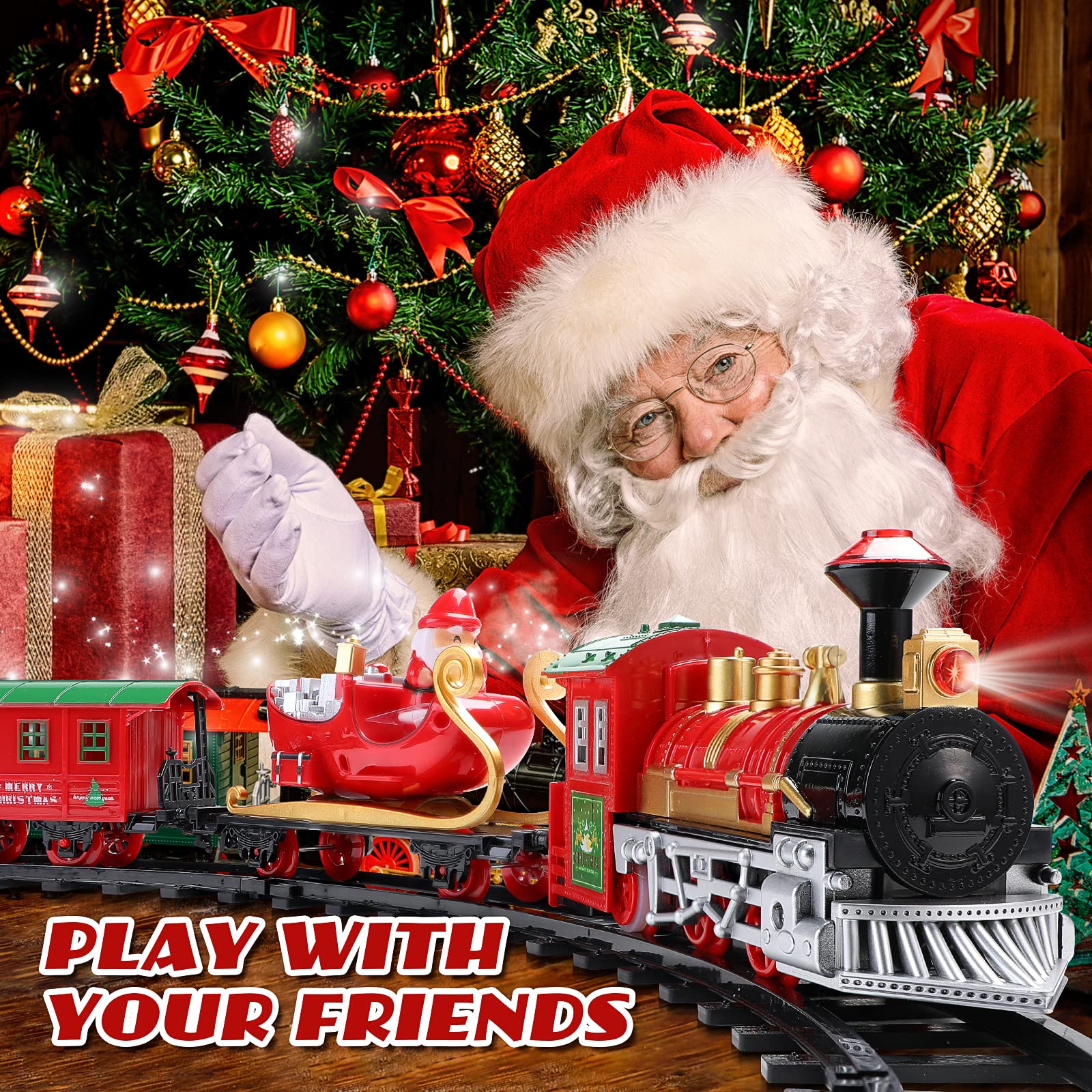 Train Set - Christmas Train Set Around & Under The Tree, Electric Train Set with Light & Sound, Battery Operated Kids Train Toys with Locomotive Engine Cars Tracks, Gift for Boys Girls