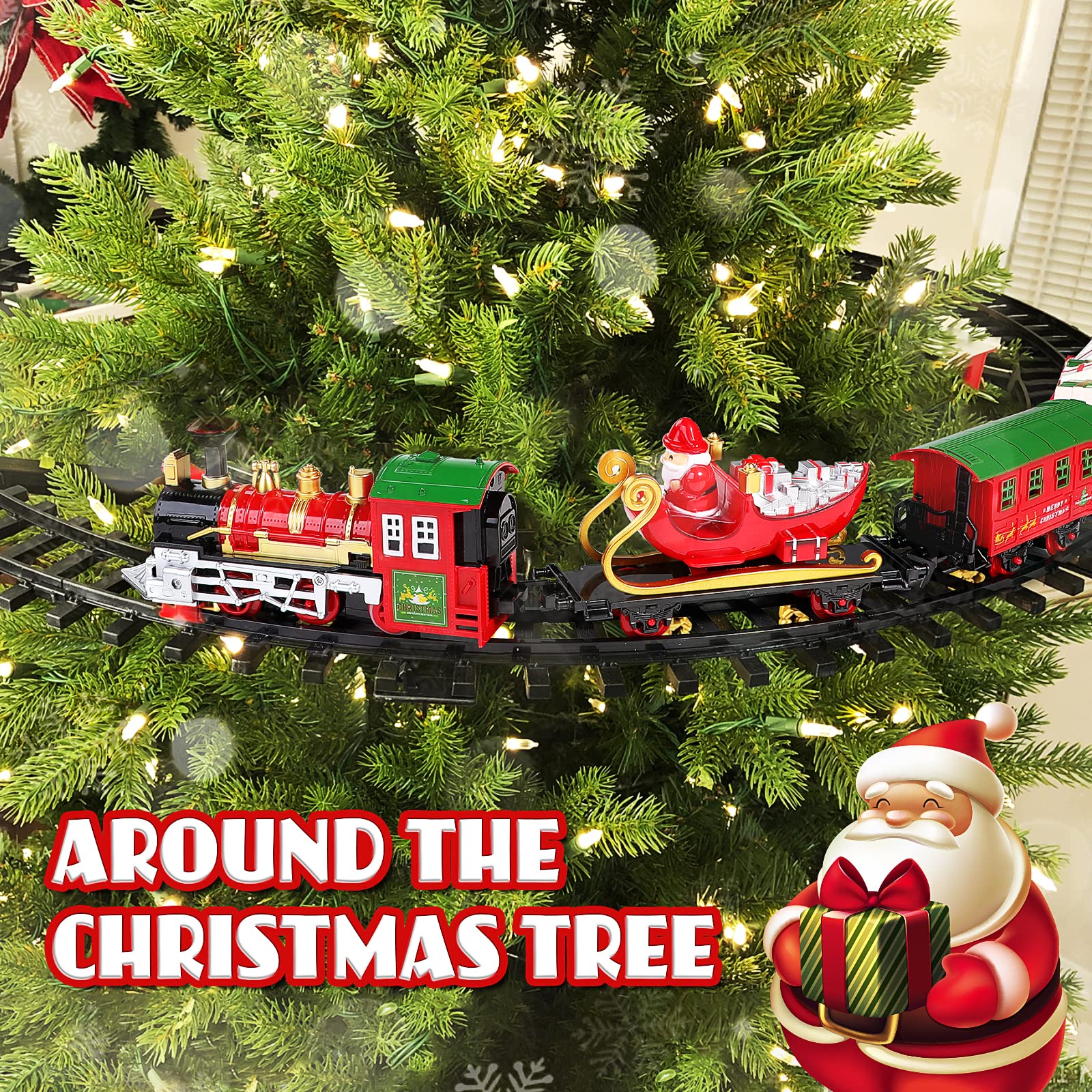 Train Set - Christmas Train Set Around & Under The Tree, Electric Train Set with Light & Sound, Battery Operated Kids Train Toys with Locomotive Engine Cars Tracks, Gift for Boys Girls