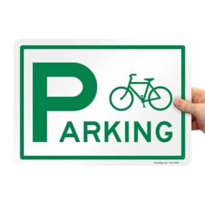 SmartSign 10 x 14 inch “Bicycle Parking” Metal Sign With Bicycle Graphic, 40 mil Laminated Rustproof Aluminium, White and Green, Made in USA