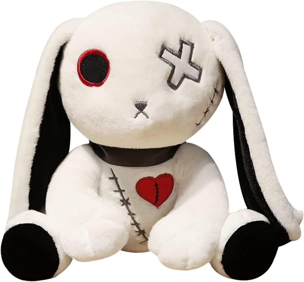 12in Creepy Goth Bunny Plush Crazy Rabbit Plushie Toys, Spooky Bunny Stuffed Animal Doll for Halloween Easter Christmas Birthday Gift (White)