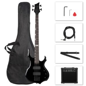 Ktaxon Electric Bass Guitar Full Size Flame Design Bass Set with 20 Watt Amplifier, Portable Bass Bag, Superior Amp Wire, Adjustable Guitar Strap, Plectrum, Wrench Tool(Black)