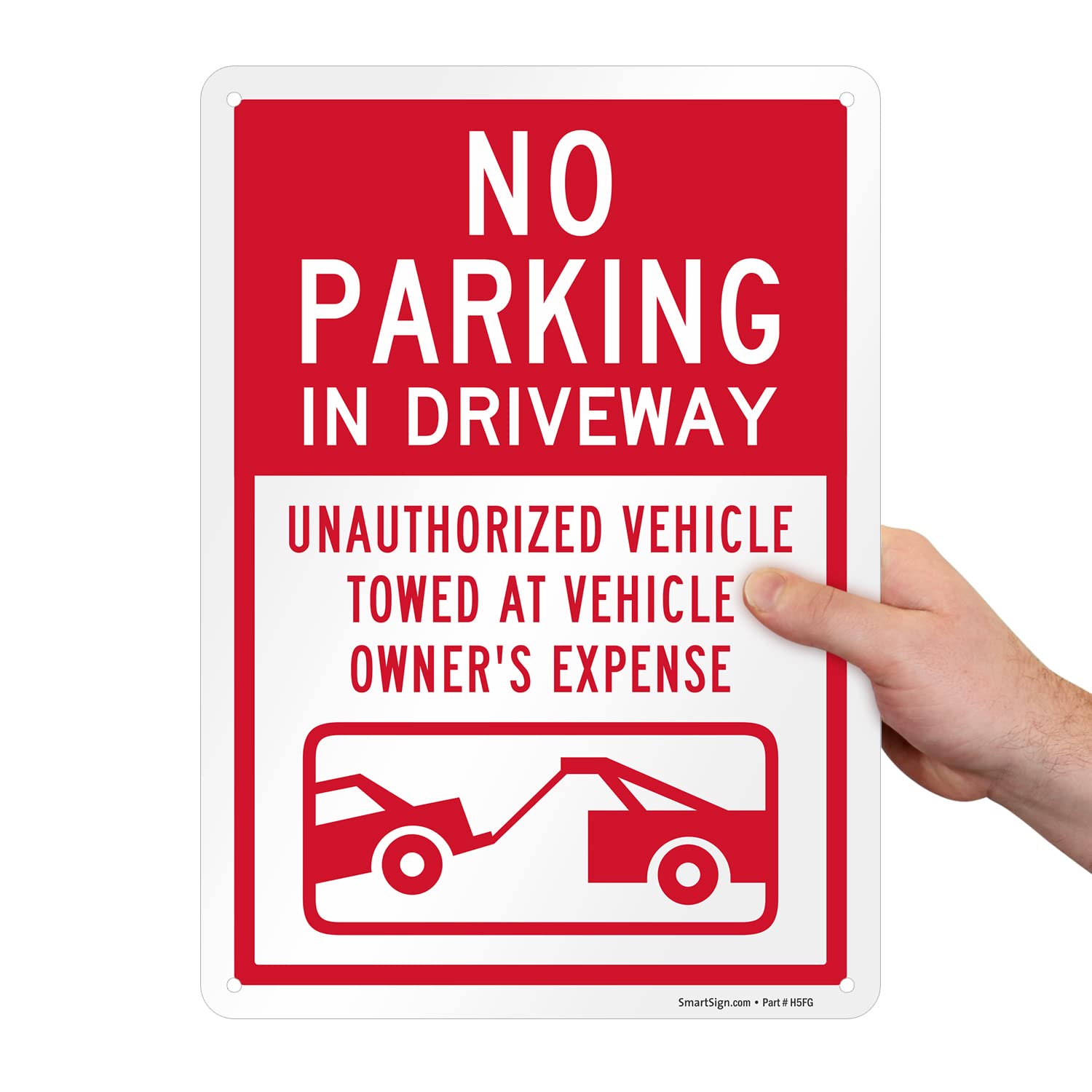 SmartSign 14 x 10 inch “No Parking In Driveway Unauthorized Vehicles Towed” Metal Sign, 40 mil Laminated Rustproof Aluminium, White and Red, Made in USA