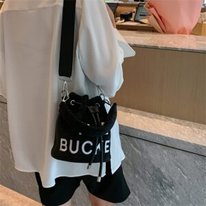 The Bucket Bag for Women, Bucket Bag in 2022 FA, Trendy Embroidered Plush Crossbody Bag for Girls, Trendy Drawstring Handbag (Black)