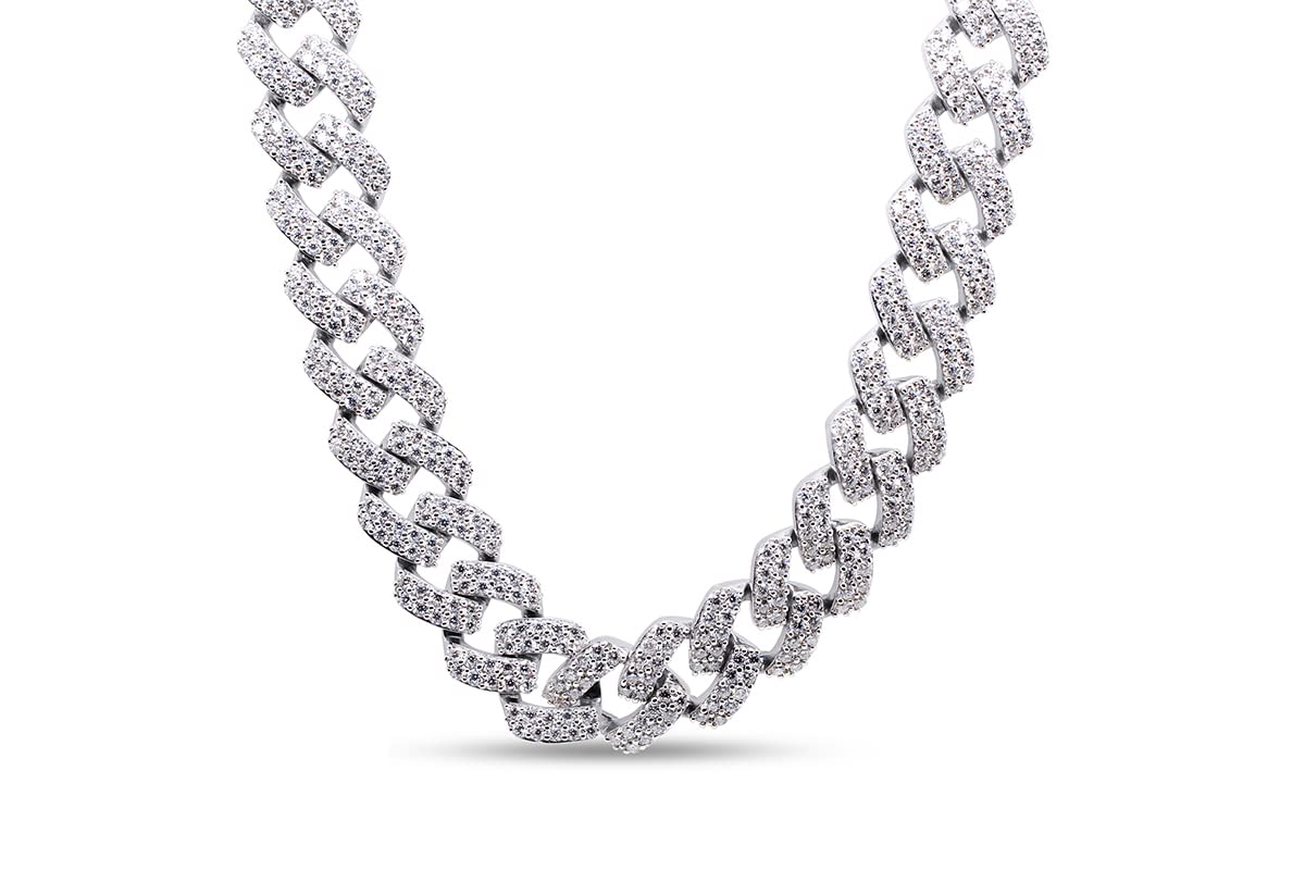 SAVEARTH DIAMONDS Certified 22 Carat Round Cut Lab Created Moissanite Diamond 12MM Width Cuban Chain Necklace in 14k White Gold Over Sterling Silver Necklace 20" Length,22.00 Cttw