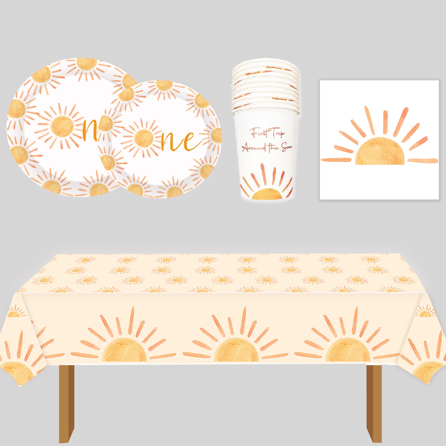 First Trip Inspired Around The Sun Birthday Decorations 102pcs Boho One Sun 1st Birthday Paper Plates Napkins Cups and Table Cloth You Are My Sun Sunshine Party Supplies Boho One Sun 1st Birthday Decoration