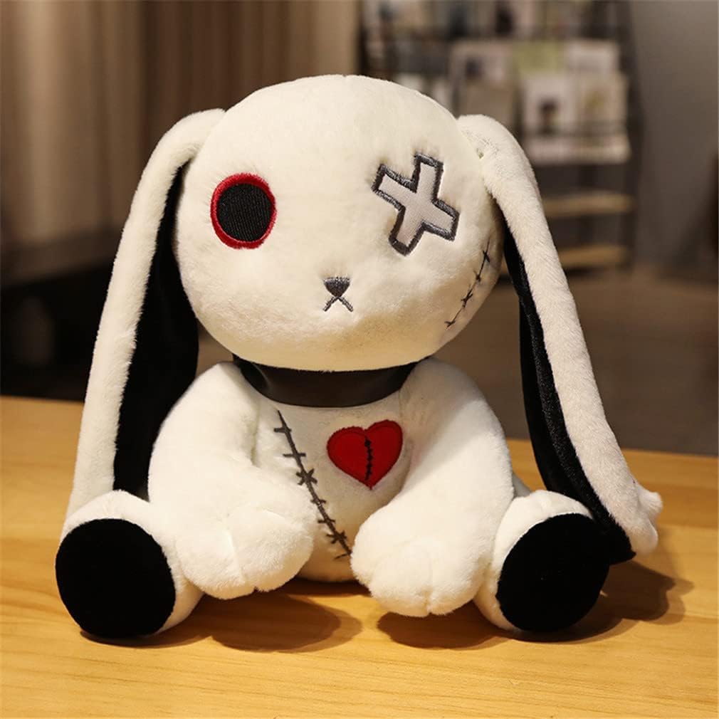 12in Creepy Goth Bunny Plush Crazy Rabbit Plushie Toys, Spooky Bunny Stuffed Animal Doll for Halloween Easter Christmas Birthday Gift (White)