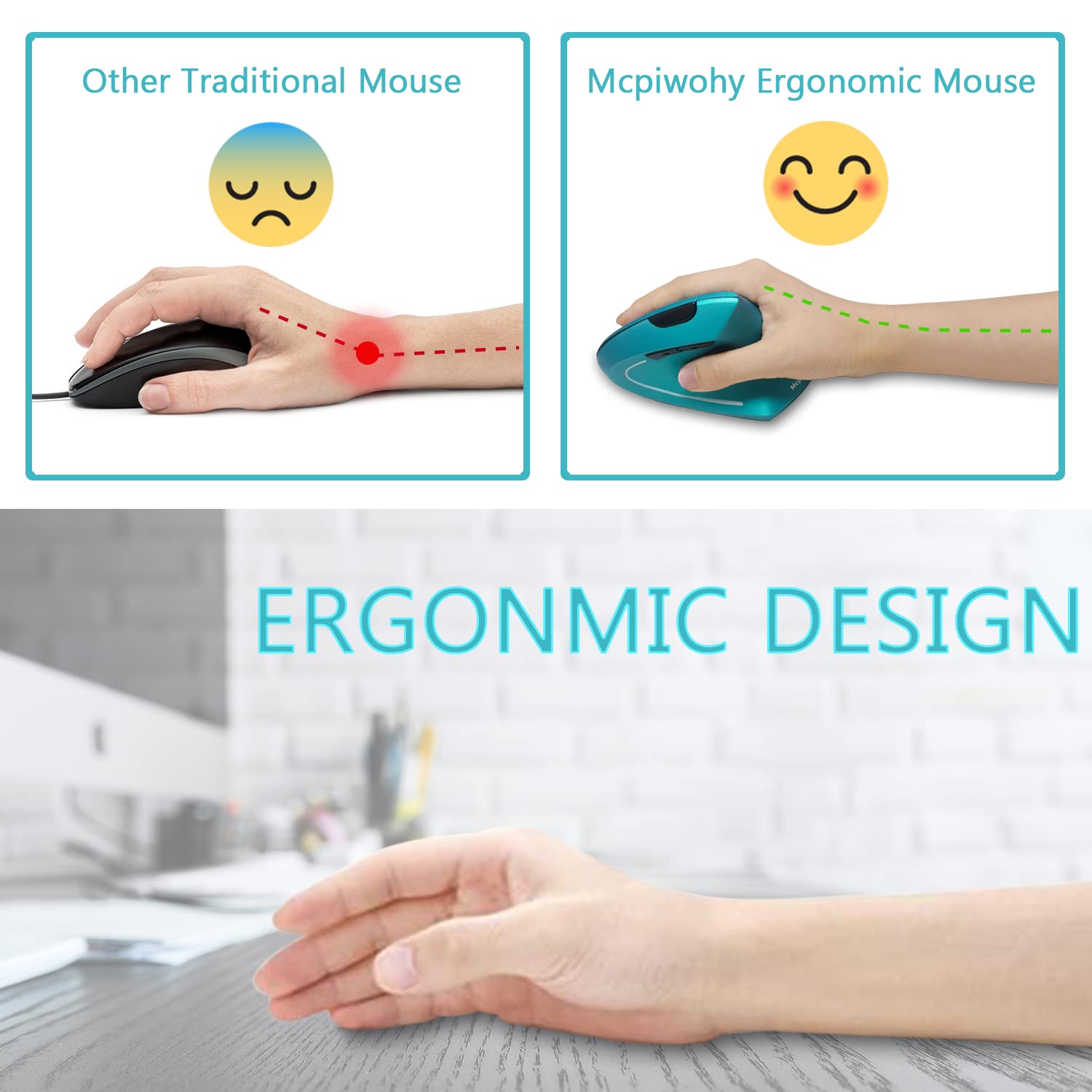 Mcpiwohy Ergonomic Mouse, Optical Vertical Mouse Rechargeable USB Mouse 2.4GHz Wireless Mouse with 6 Buttons,3 Adjustable 1200/1600/2400 DPI for Laptop, Desktop, PC, MacBook (Blue)