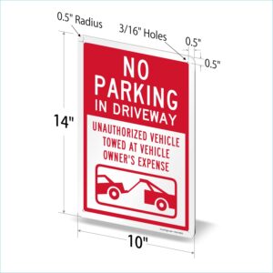 SmartSign 14 x 10 inch “No Parking In Driveway Unauthorized Vehicles Towed” Metal Sign, 40 mil Laminated Rustproof Aluminium, White and Red, Made in USA