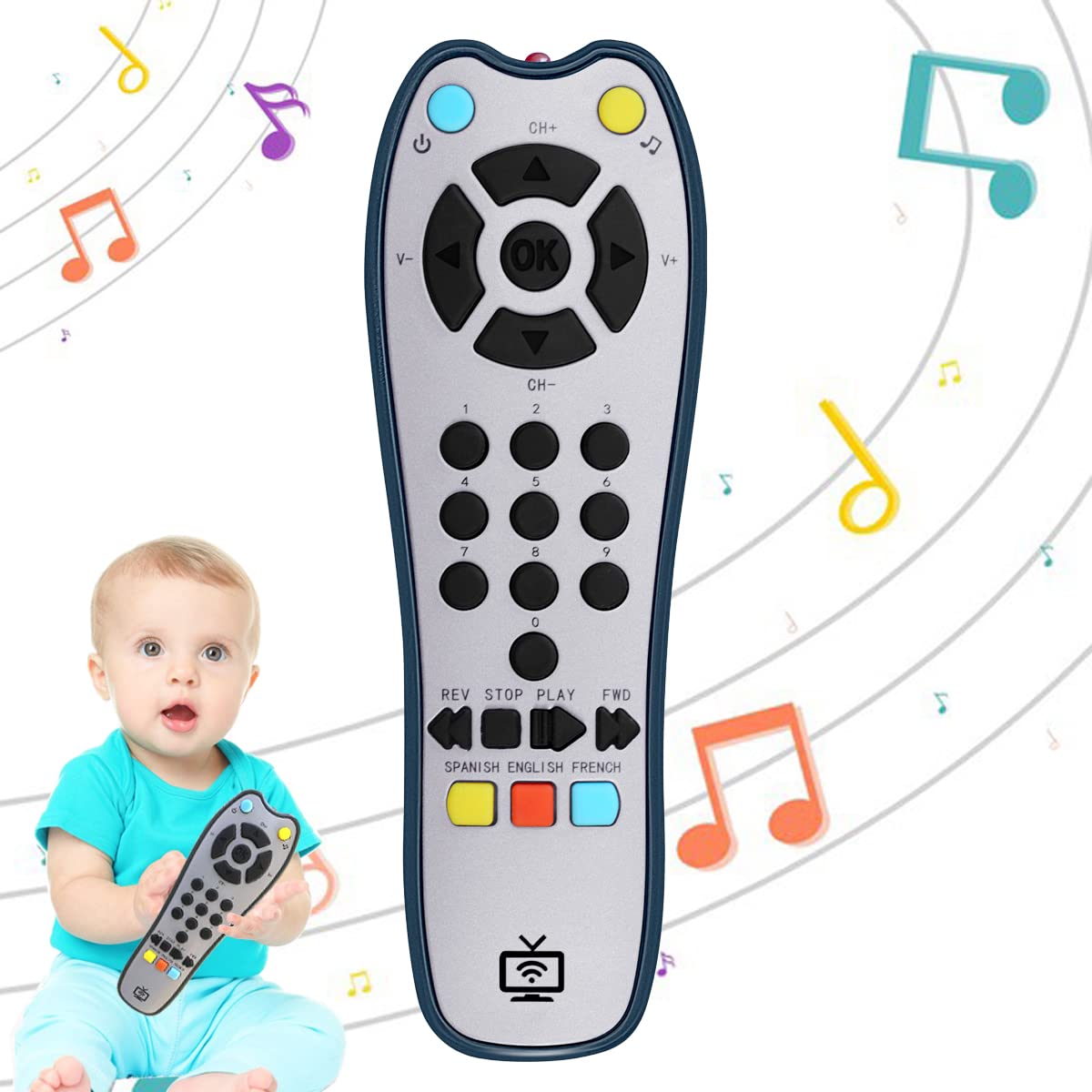 LKNUIYIE Kids Realistic TV Remote Control with Soft Light and Sound, Early Educational Learning Remote Toy with 3 Different Language, Musical Remote Toy for 6 Months+ Toddlers Boys or Girls