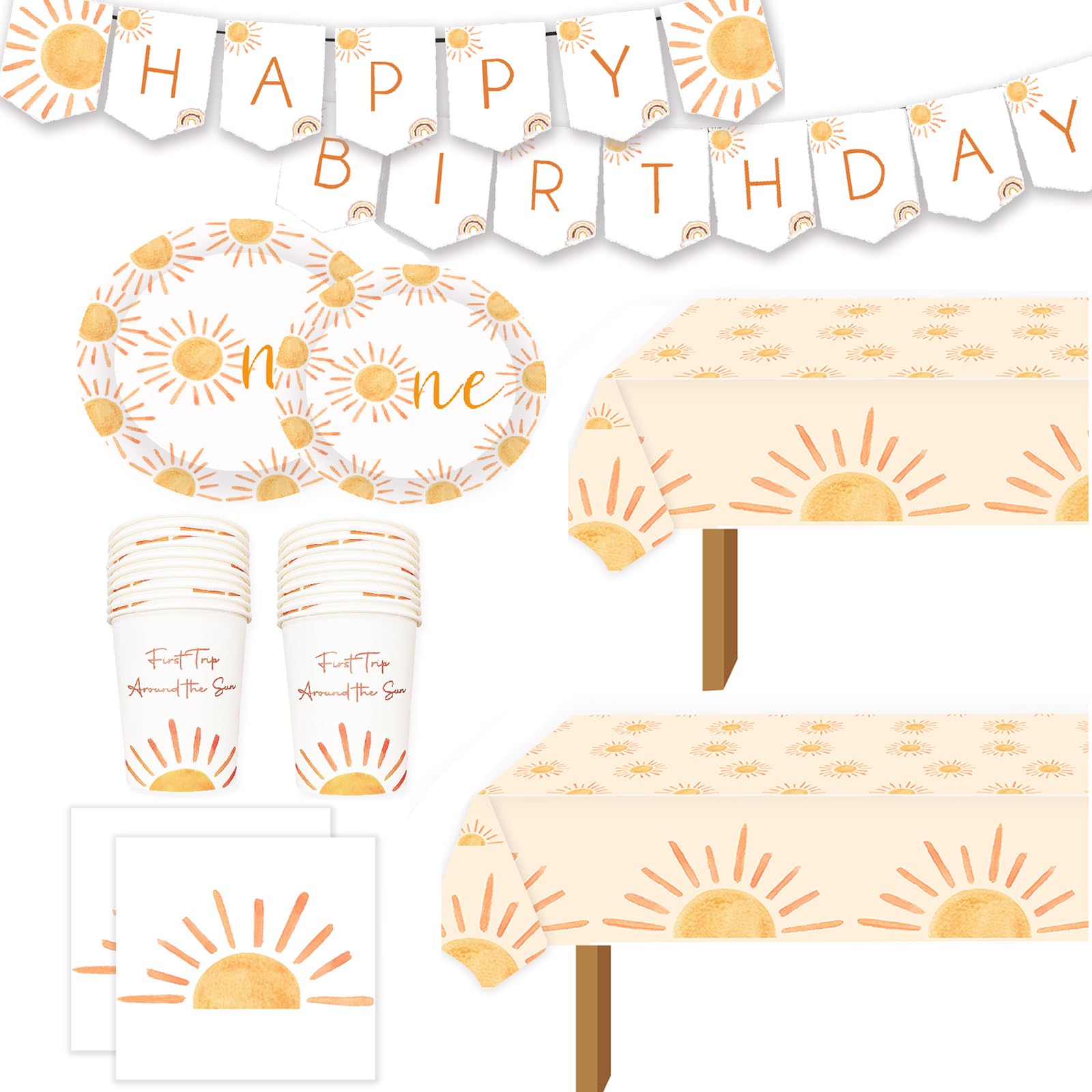 First Trip Inspired Around The Sun Birthday Decorations 102pcs Boho One Sun 1st Birthday Paper Plates Napkins Cups and Table Cloth You Are My Sun Sunshine Party Supplies Boho One Sun 1st Birthday Decoration