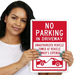 SmartSign 14 x 10 inch “No Parking In Driveway Unauthorized Vehicles Towed” Metal Sign, 40 mil Laminated Rustproof Aluminium, White and Red, Made in USA