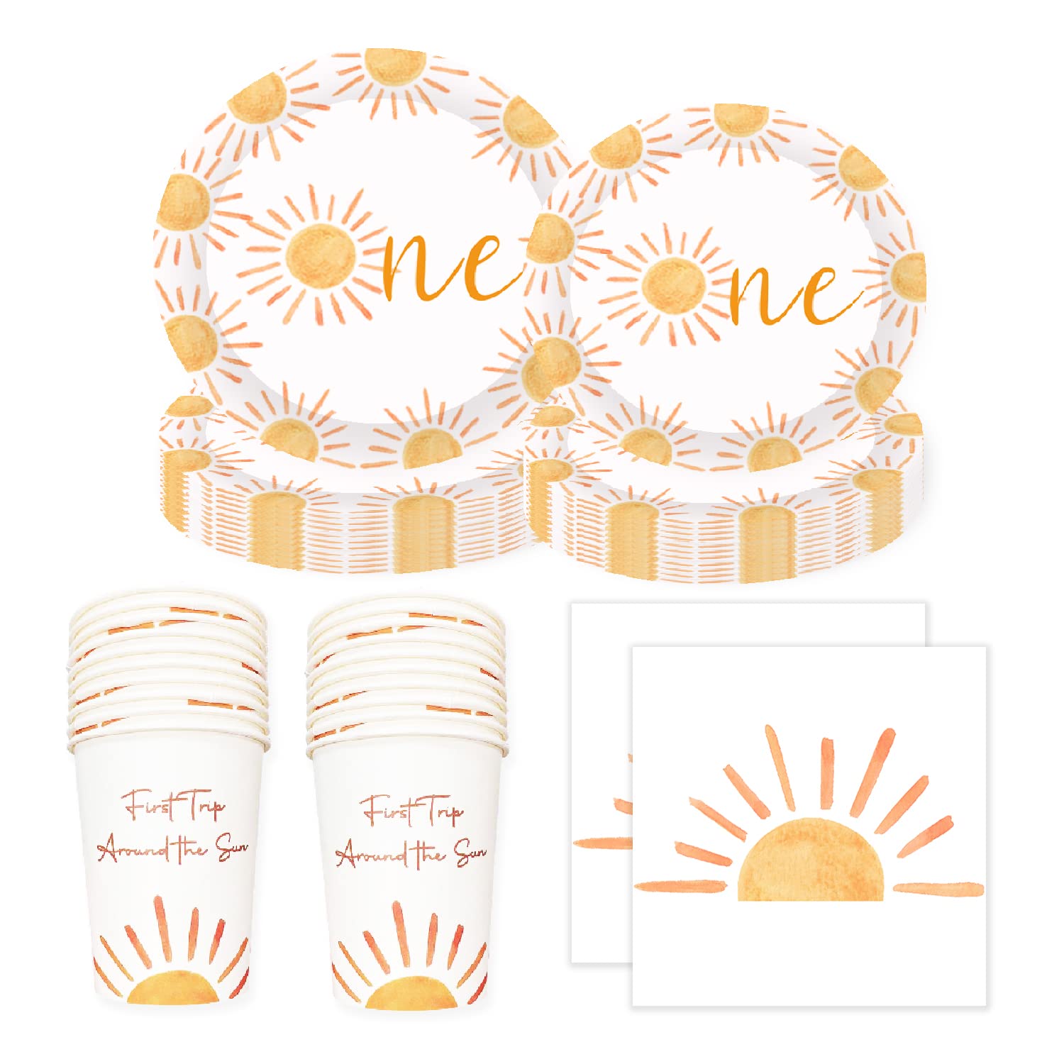 First Trip Inspired Around The Sun Birthday Decorations 102pcs Boho One Sun 1st Birthday Paper Plates Napkins Cups and Table Cloth You Are My Sun Sunshine Party Supplies Boho One Sun 1st Birthday Decoration